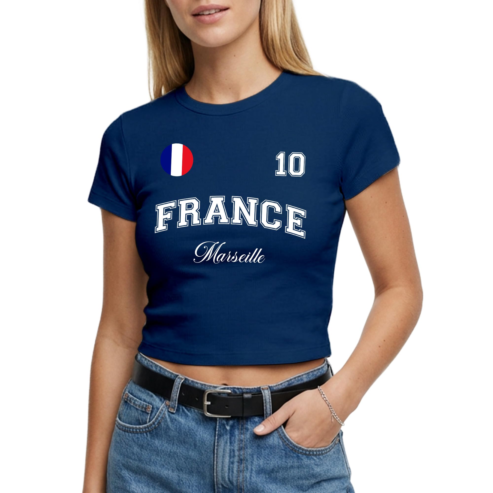 France Womens Baby Tee - Custom City Name Number Badge Short Top - French Football Crop Tshirt Fan, XL, Navy