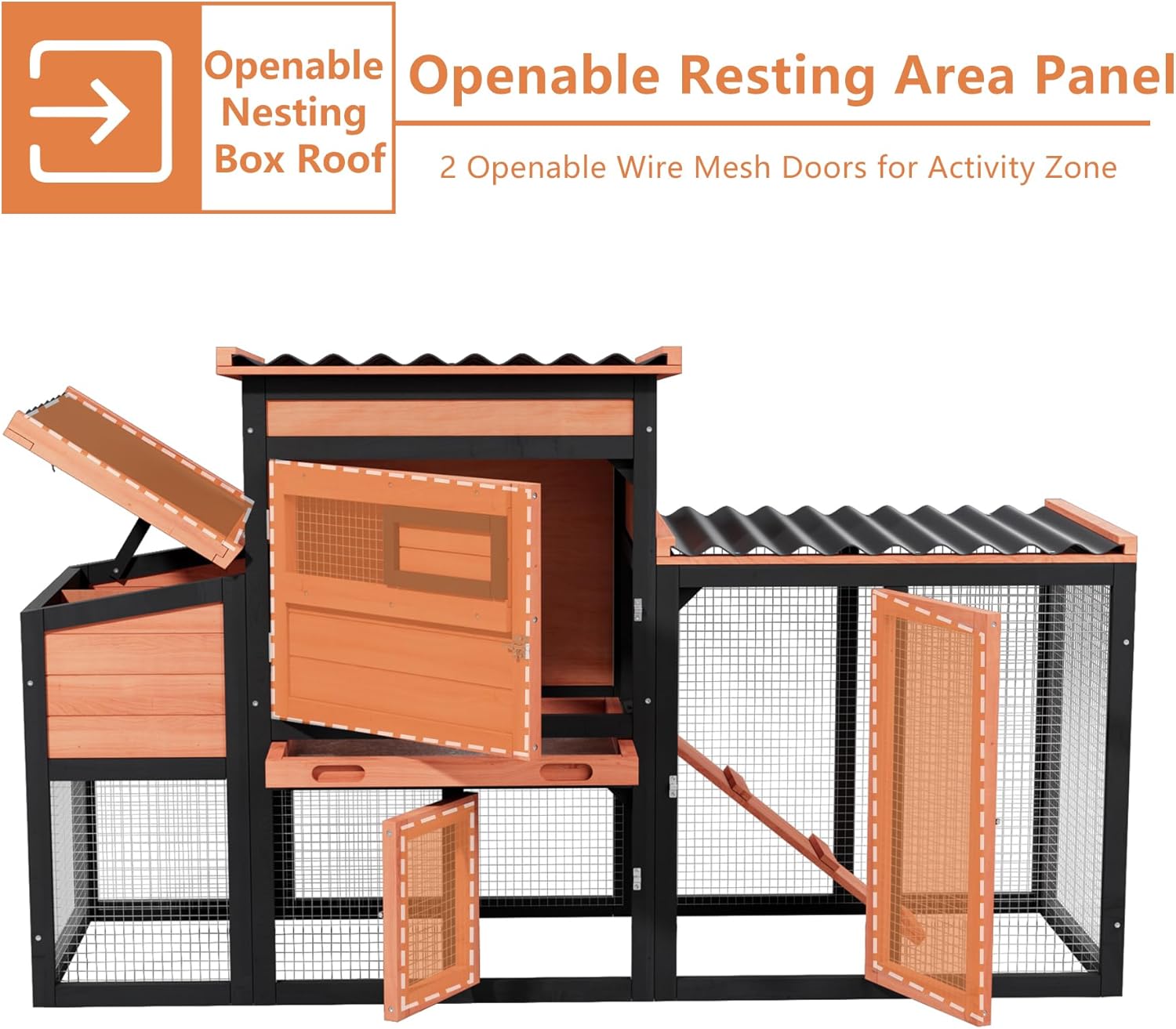 Wooden Chicken Coop with Nesting Boxes and Run, Outdoor Hen House for Chickens, Quail, Pigeons, Rabbits, Backyard Poultry Cage with Waterproof Roof and Pull-Out Tray, Brown