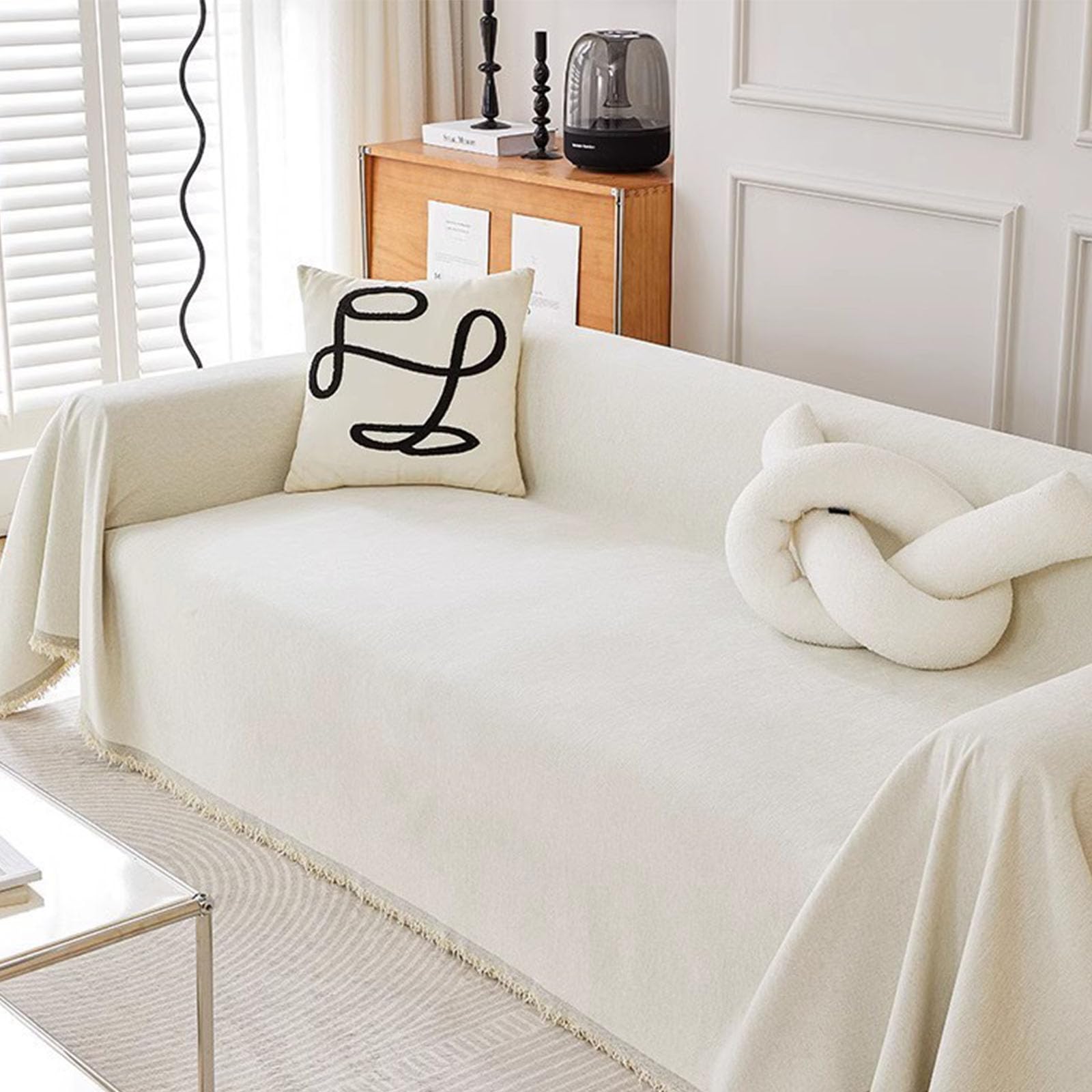 Housse de canapé en chenille unie 180x130cm avec pompons pour lit et salon