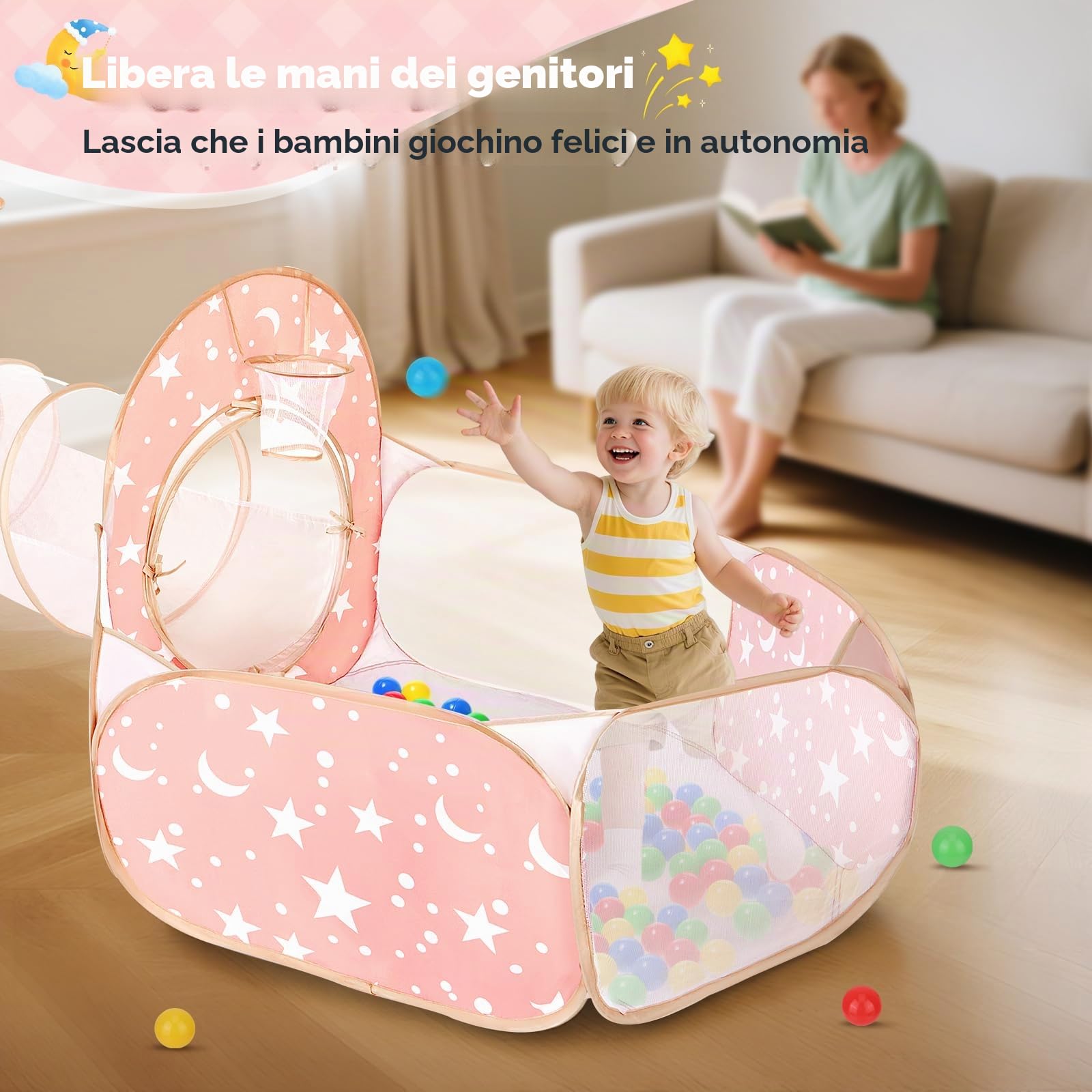 3 in 1 Tenda da gioco per bambini con tunnel e piscina di palline, castello pop-up per interni ed esterni, spazio di scansione pieghevole con canestro da basket