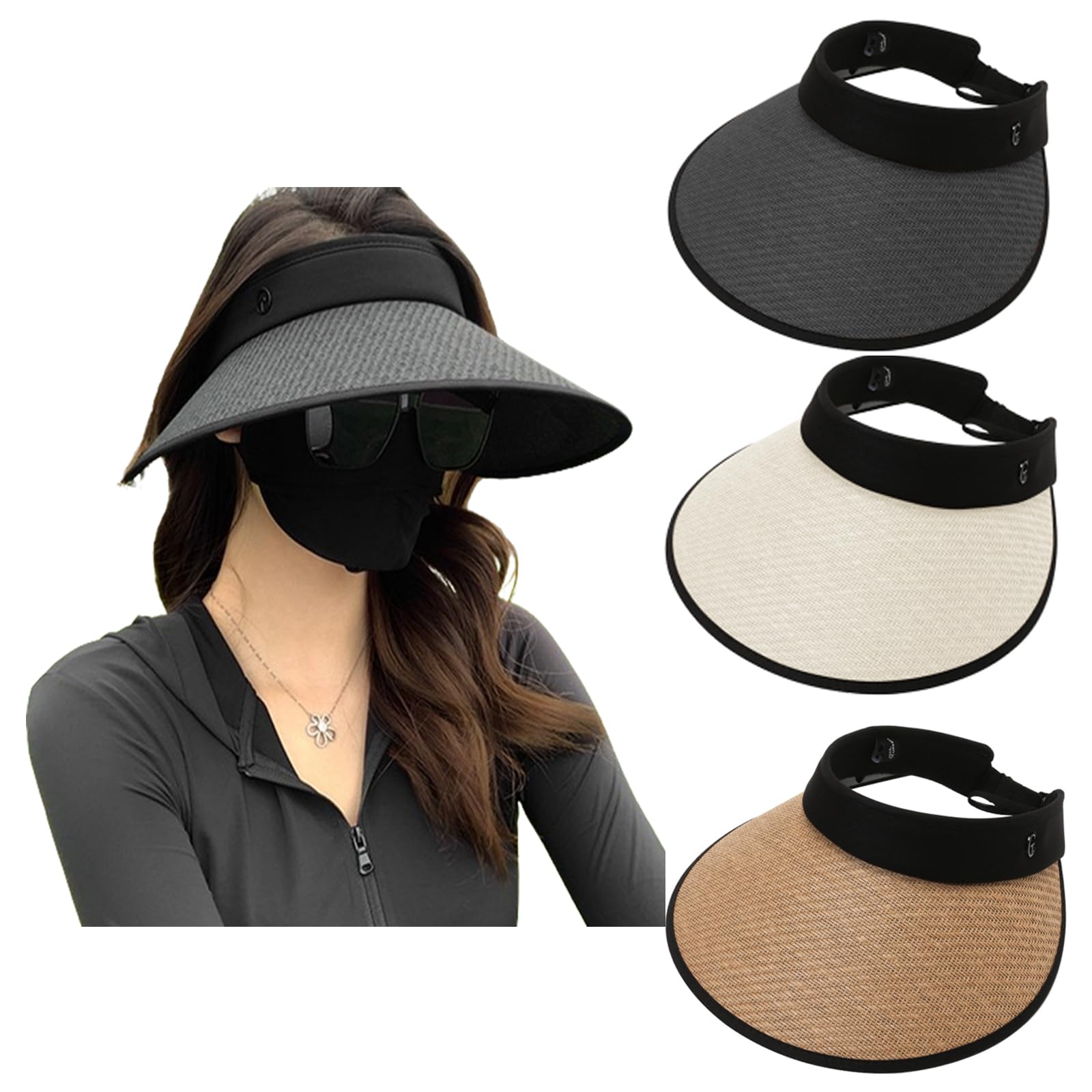 Bootoow Sombreros De Paja para Mujer ala Ancha,3pcs Sombrero Mujer Verano, Sombrero De Visera Plegable Verano Sombrero para El Sol Mujeres para Damas Upf50,Sombrero Playa Mujer(Beige+Negro+Caqui)