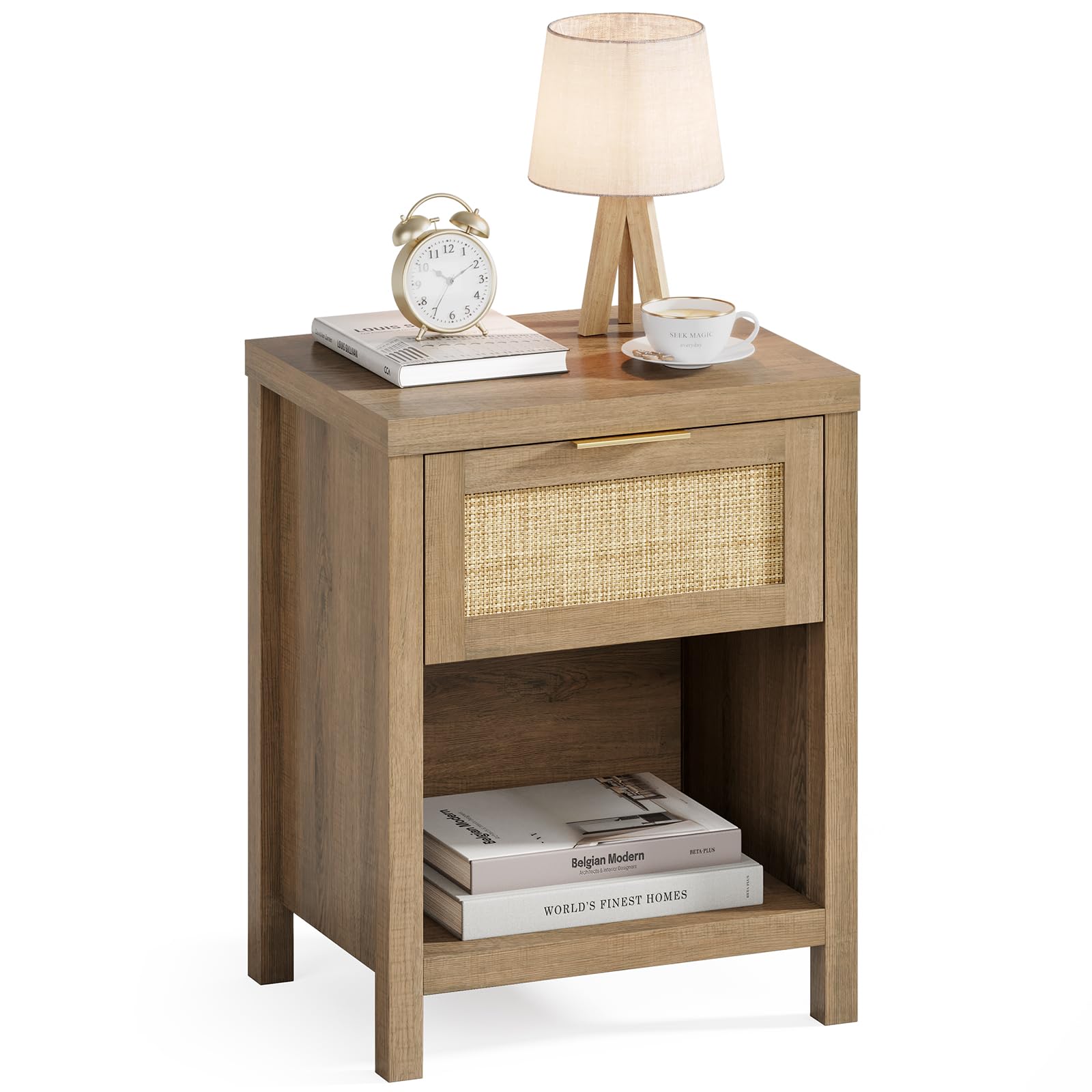 Eclatara Rattan Nightstand Boho End Table with Drawer and Storage Shelf, Farmhouse Cane Accent Bedside Night Stands for Bedroom Small Space Sofa (1,