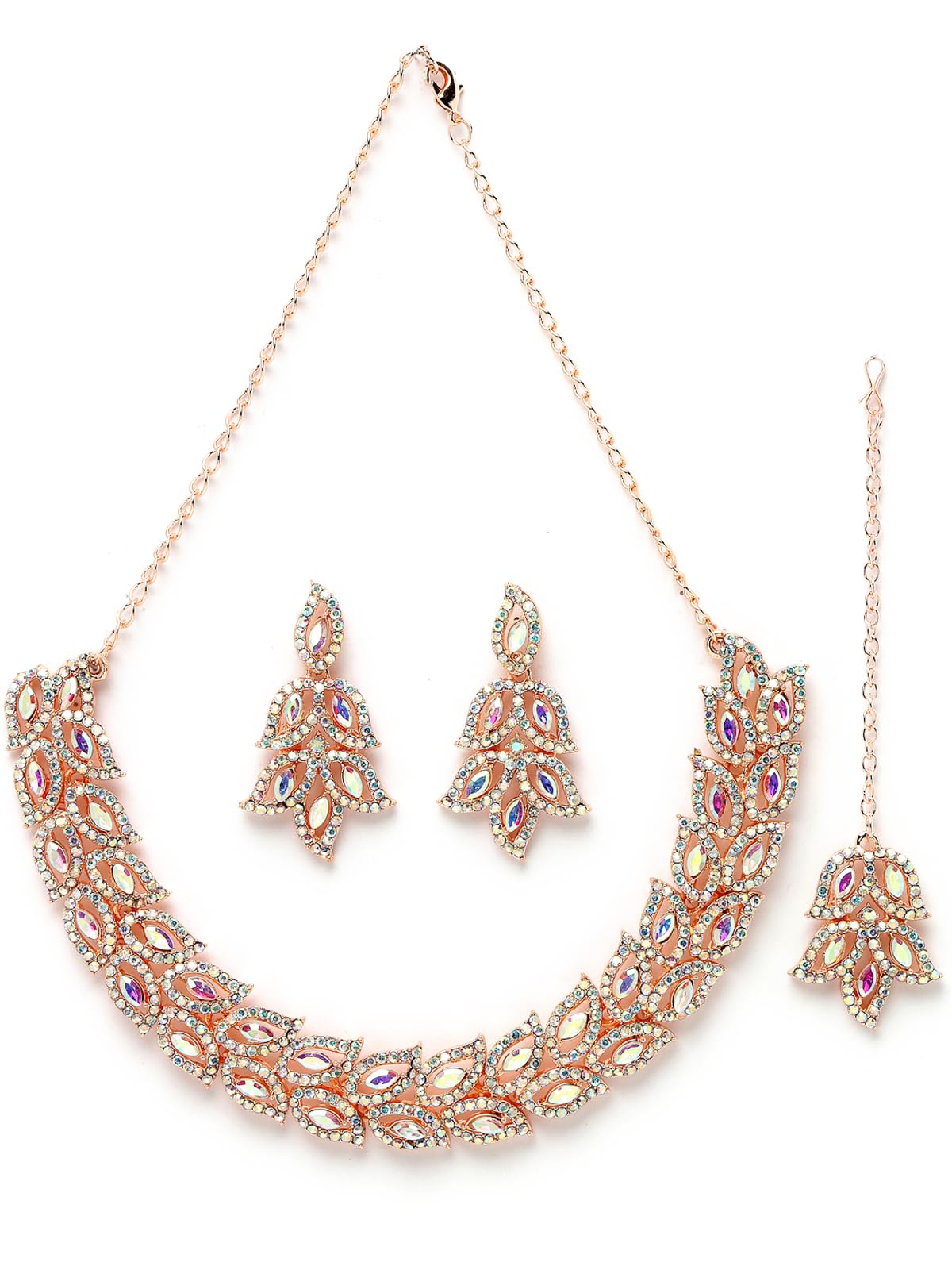 Sukkhi Street-Style Rose Gold Plated Rainbow Stone Collar Bone Necklace Set With Earring And Maangtika | Jewellery Set For Women (NS105599) (B0CBB92G89) Amazon Price History, Amazon Price Tracker