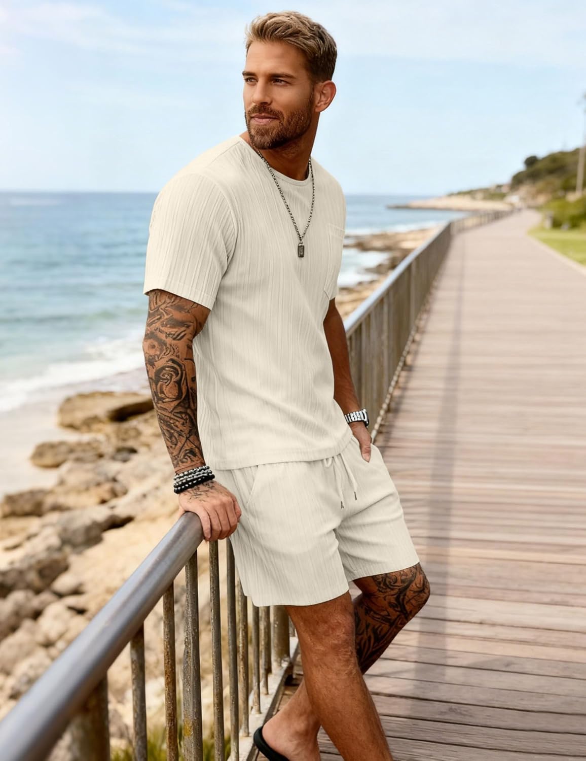 Bealin Men's Summer Beach Outfits 2 Piece Vintage Short Sleeve T Shirts and Shorts Vacation Texture Sets - Image 3