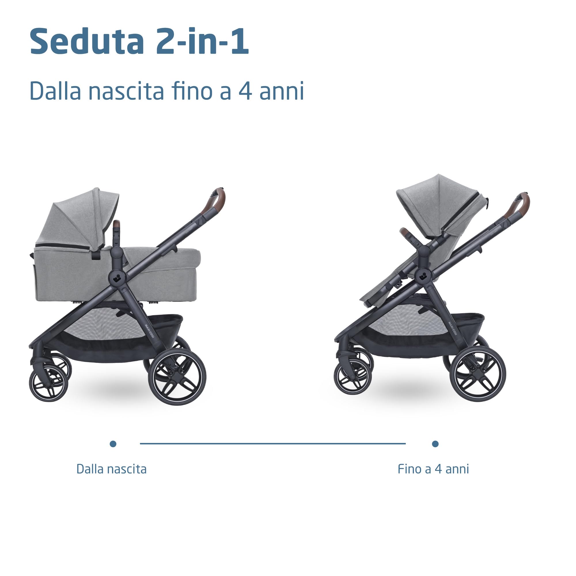 Maxi Cosi Zelia Select+, Passeggino Trio Con Seggiolino Auto, 0-4 anni (0-22 kg), Passeggino Neonato Con Chiusura Compatta a Una Mano, Navicella Reversibile, Seggiolino Auto CabrioFix S i-Size, Grigio