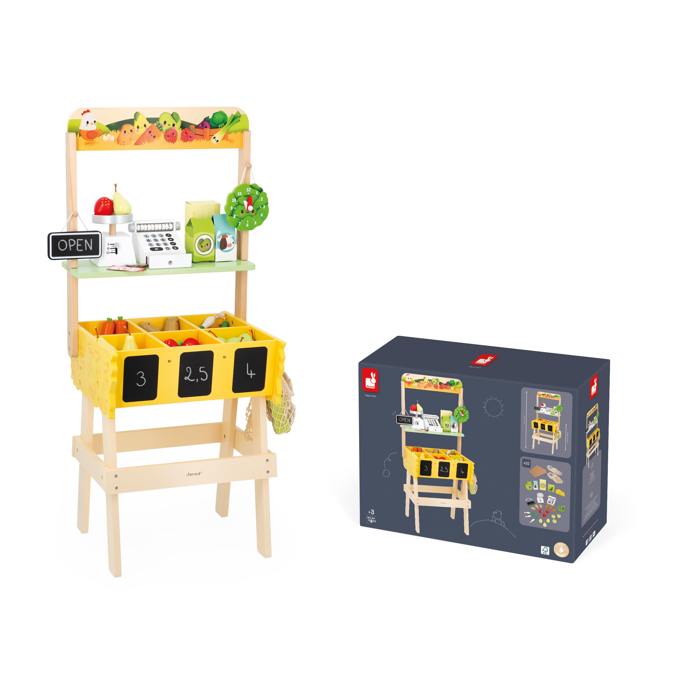 Janod - Tienda Infantil Farm Market - Juguete de Imitación Infantil - 32 Accesorios - Estimula la imaginación - Juguete de Madera FSC - Pintura al Agua - A Partir de 3 años, J03322