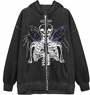 FeMereina Unisex Y2k Zip Up Hoodie Teen Girls Aesthetic Trendy Oversized Skeleton Face Print Streetwear Hoodies Punk Goth Graphic Print Hoodies