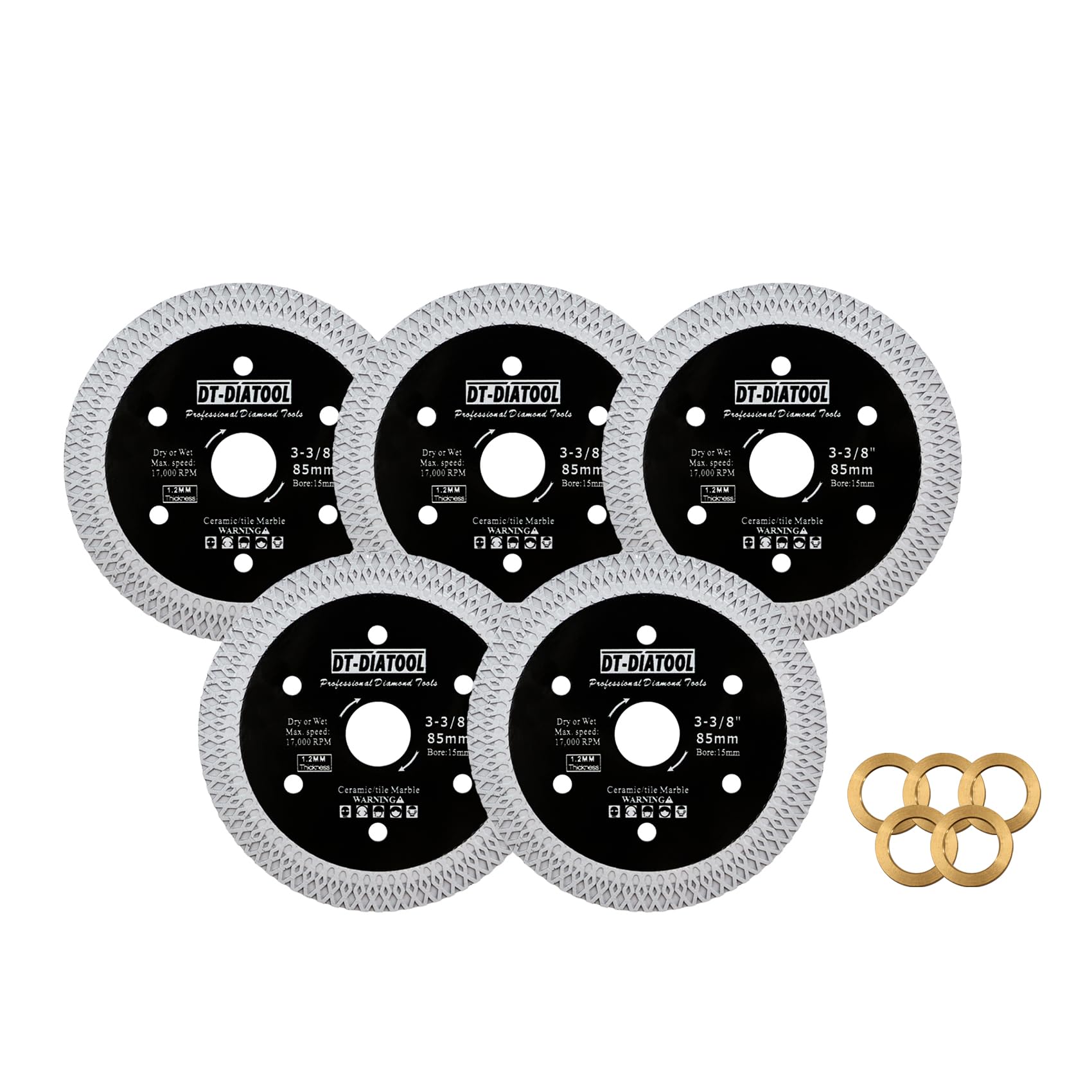 DT-DIATOOL Diamond Tile Disc 3-3/8" (85mm) Cutting Porcelain Tile Ceramic Marble Granite Circular Cutting Disc with X Mesh Segment Arbor 10mm-15mm Pack of 5