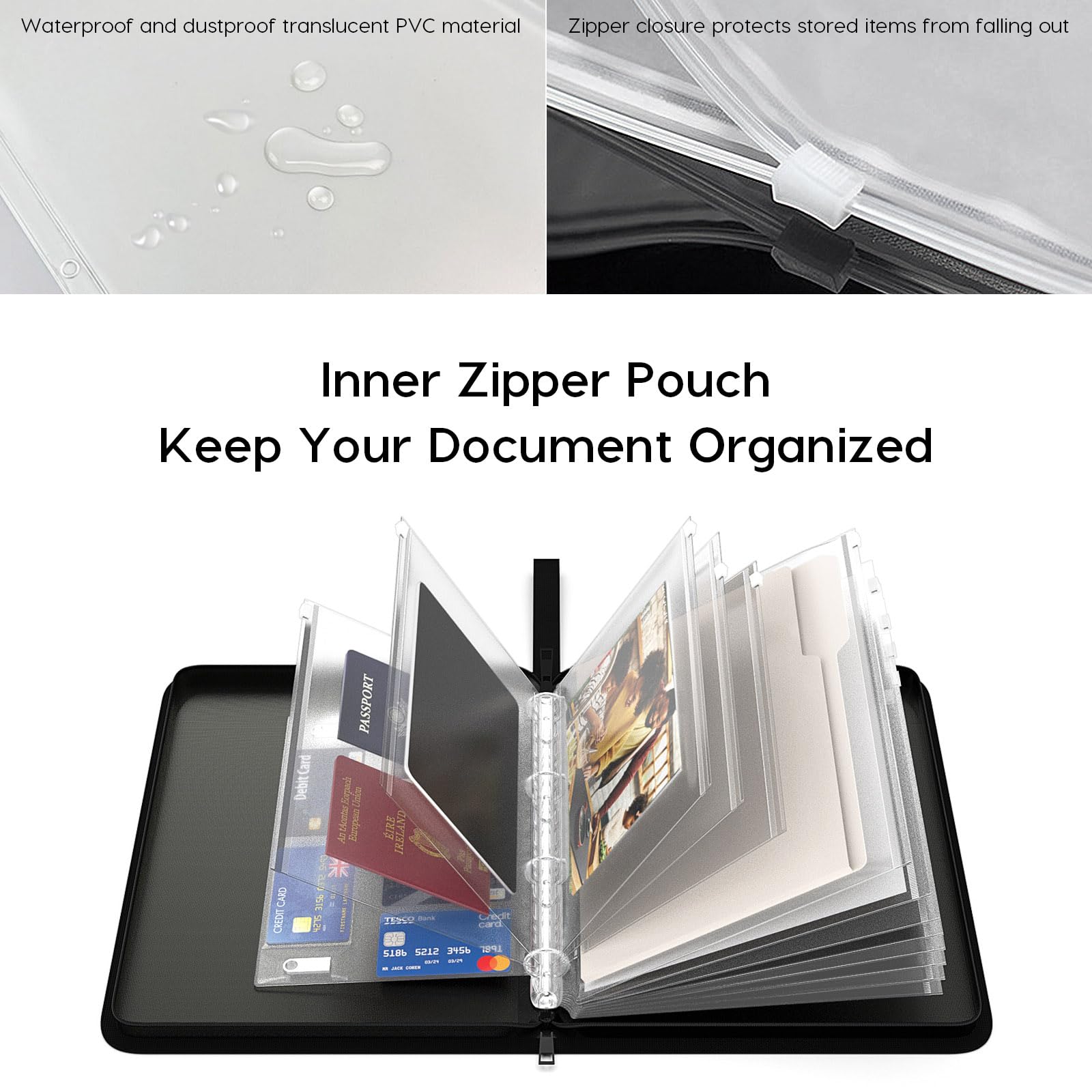 Organizer per documenti importante impermeabile, raccoglitore a 4 anelli con cerniera con sacchetti in PVC, borsa per documenti ignifughi per documenti importanti, nel caso in cui vada mancante
