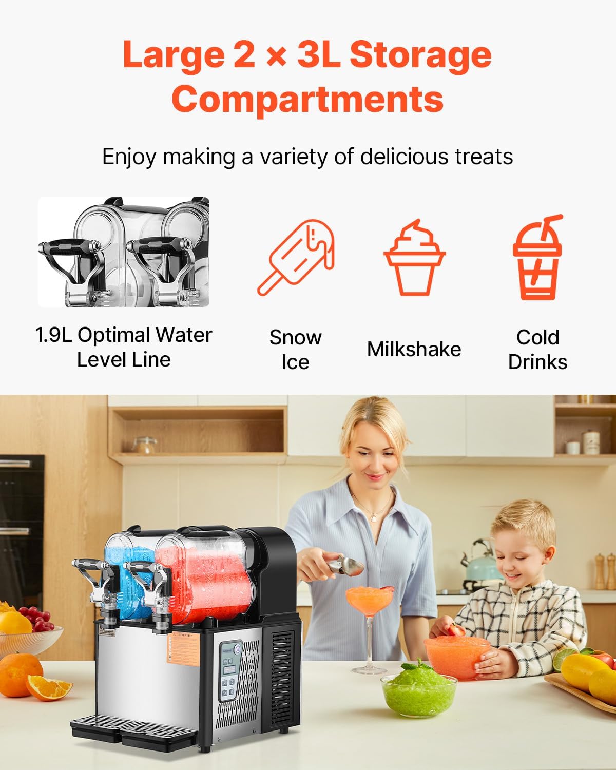 Close-up of the VEVOR Slushy Machine's digital control panel with buttons for power, light, set, and temperature adjustment