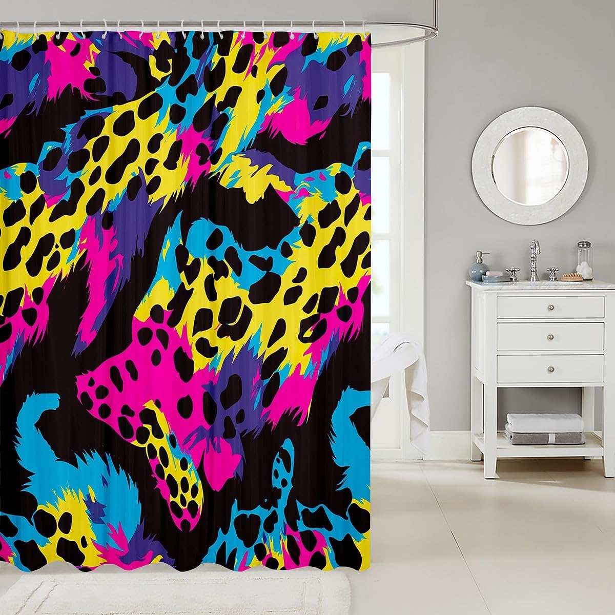 jejeloiu Colourful Leopard Shower Curtain for Kids Boys Girls Cheetah Bathroom Shower Curtain Set 72"x78" Animal Print Bath Curtain Hippie Graffiti Style Kids Bathroom Accessories