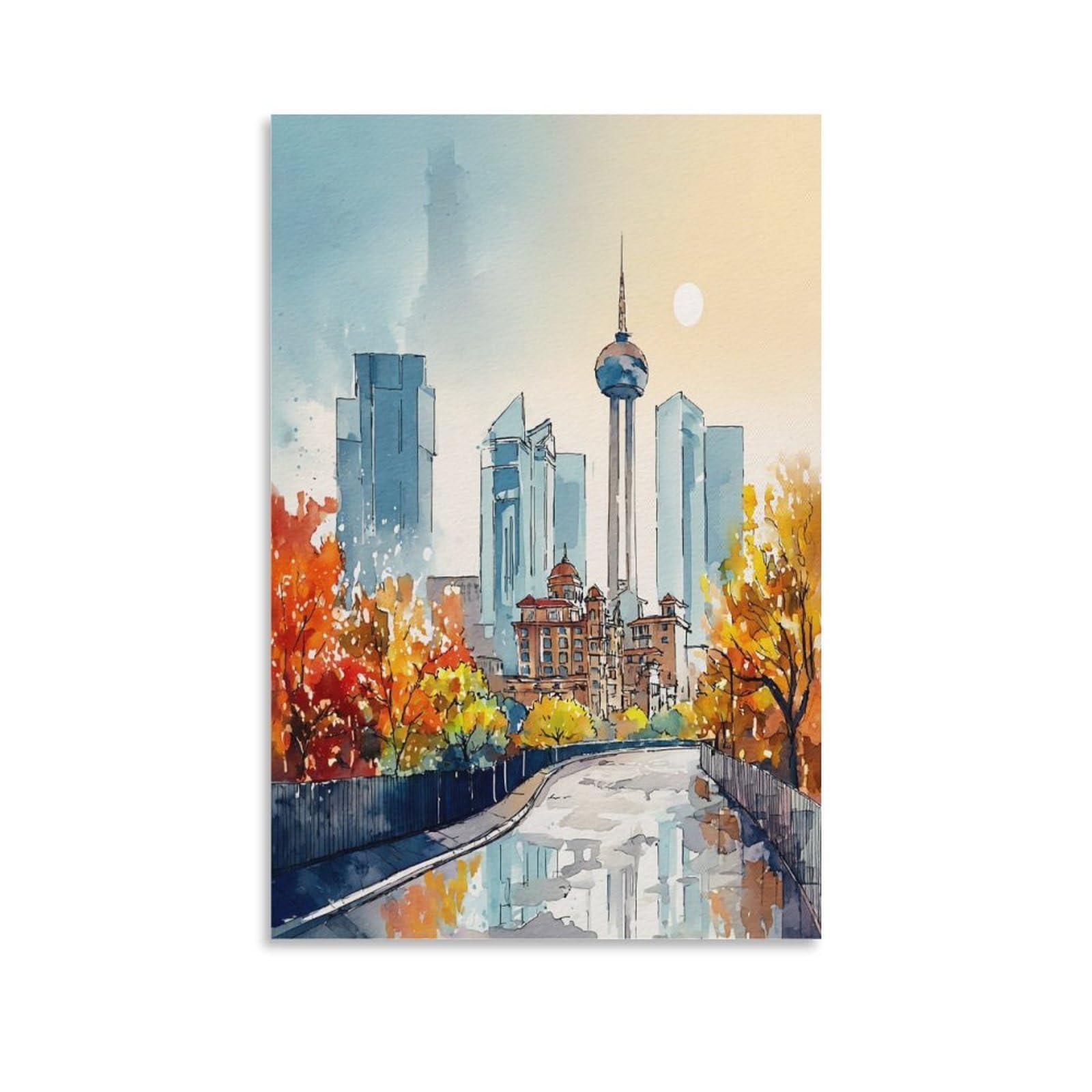 XWYMXZ Dallas Watercolor Painting Texas Cityscape Posters 24x36inch(60x90cm) Vintage Watercolor Canvas Art