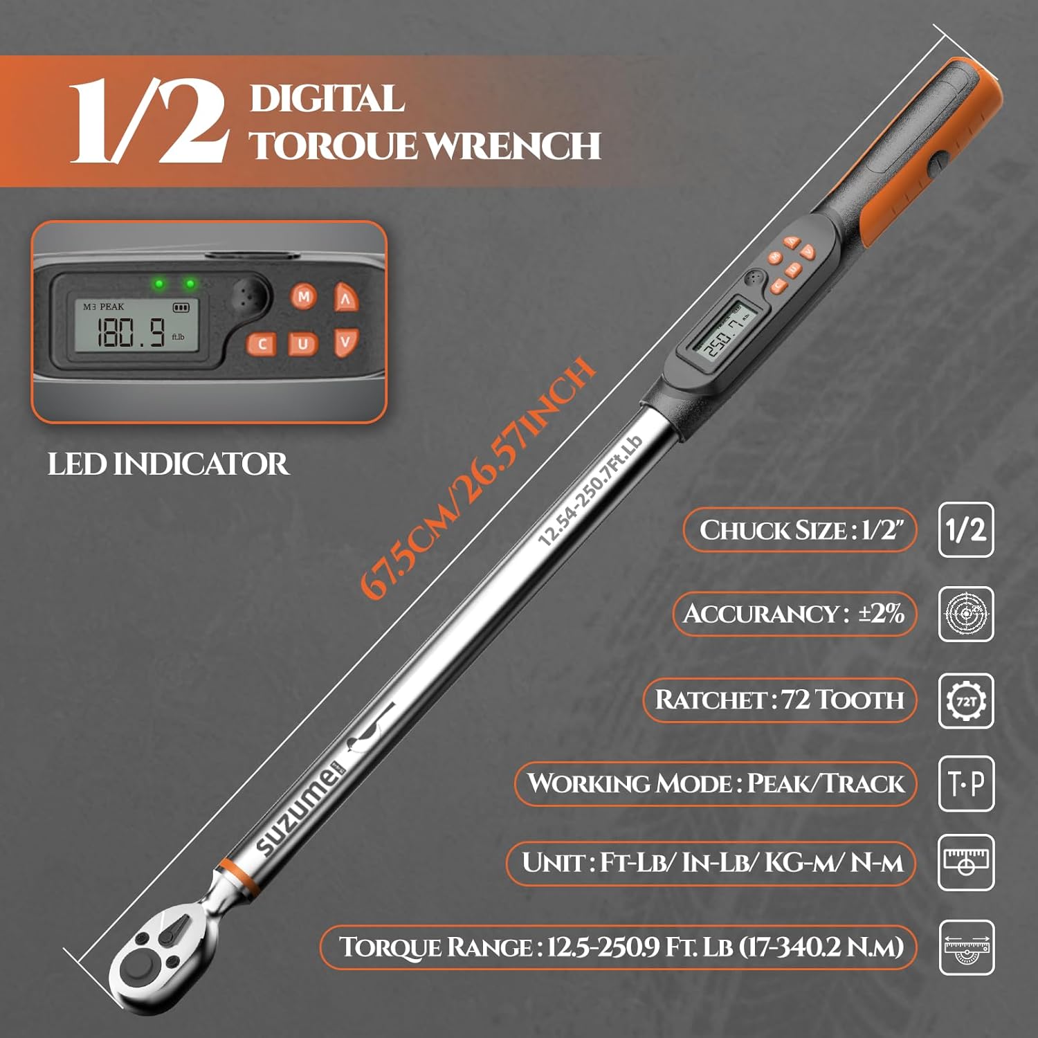 SUZUME Digital Torque Wrench (12.5-250.9 Ft. Lb/ 17-340.2 N.m) ±2% High Accuracy Digital Torque Wrench 1/2 Drive Dual-Direction Adjustable Torque Wrenches Digital with Buzzer and LED Flash