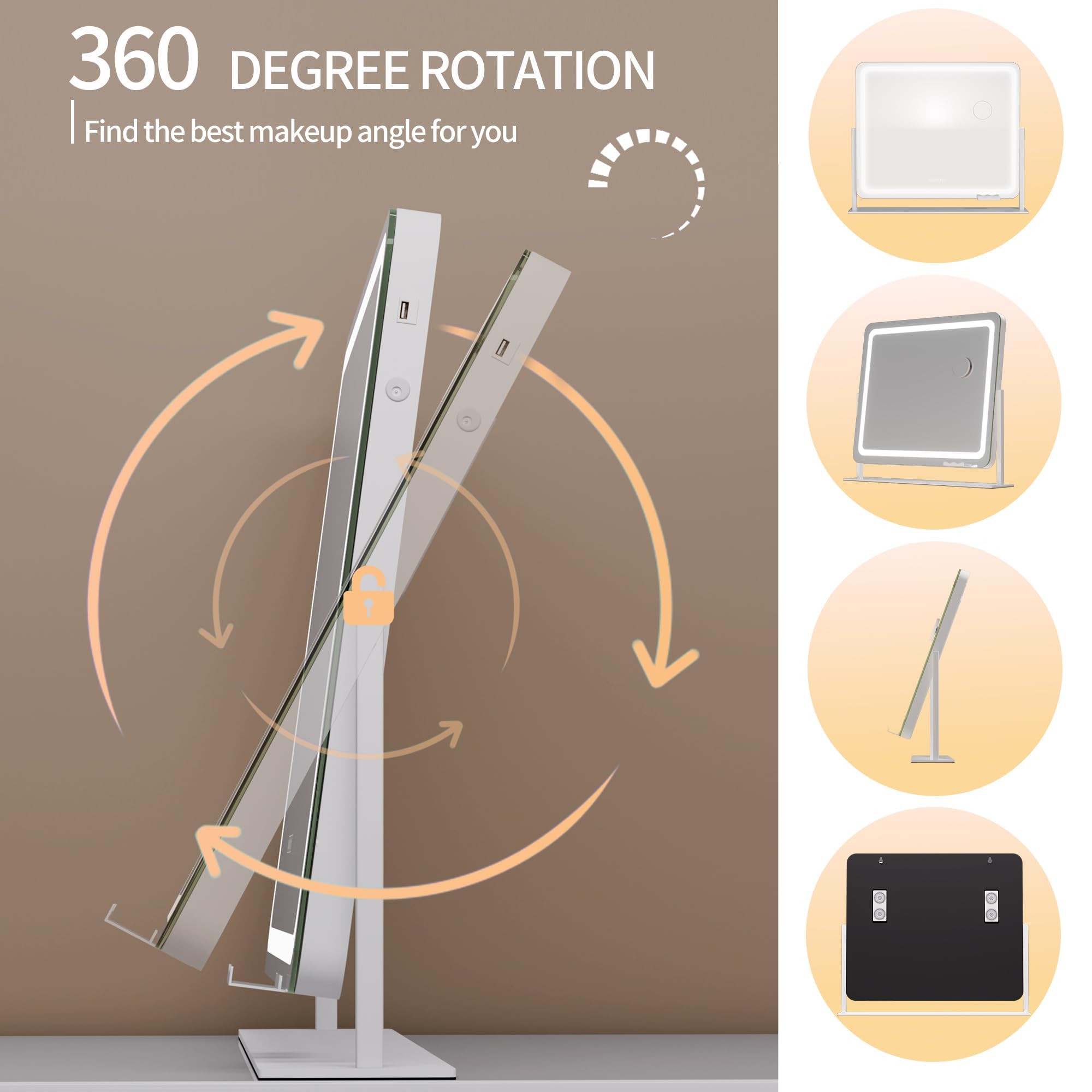 Hasipu Espejo de Maquillaje Rectangular LED 65x54 cm, Espejo de tocador táctil 3 Tonos de luz y Brillo Regulable, rotación 360°, Incluye Lupa de Aumento 10X para encimera