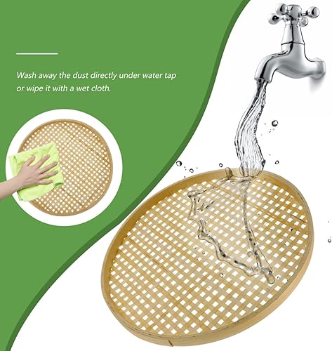 Miniatura 5 de Healvian Cesta baja tejida de bambú de 8.66 pulgadas, bandeja plana de mimbre multiusos organizador de exhibición de alimentos para servir en la