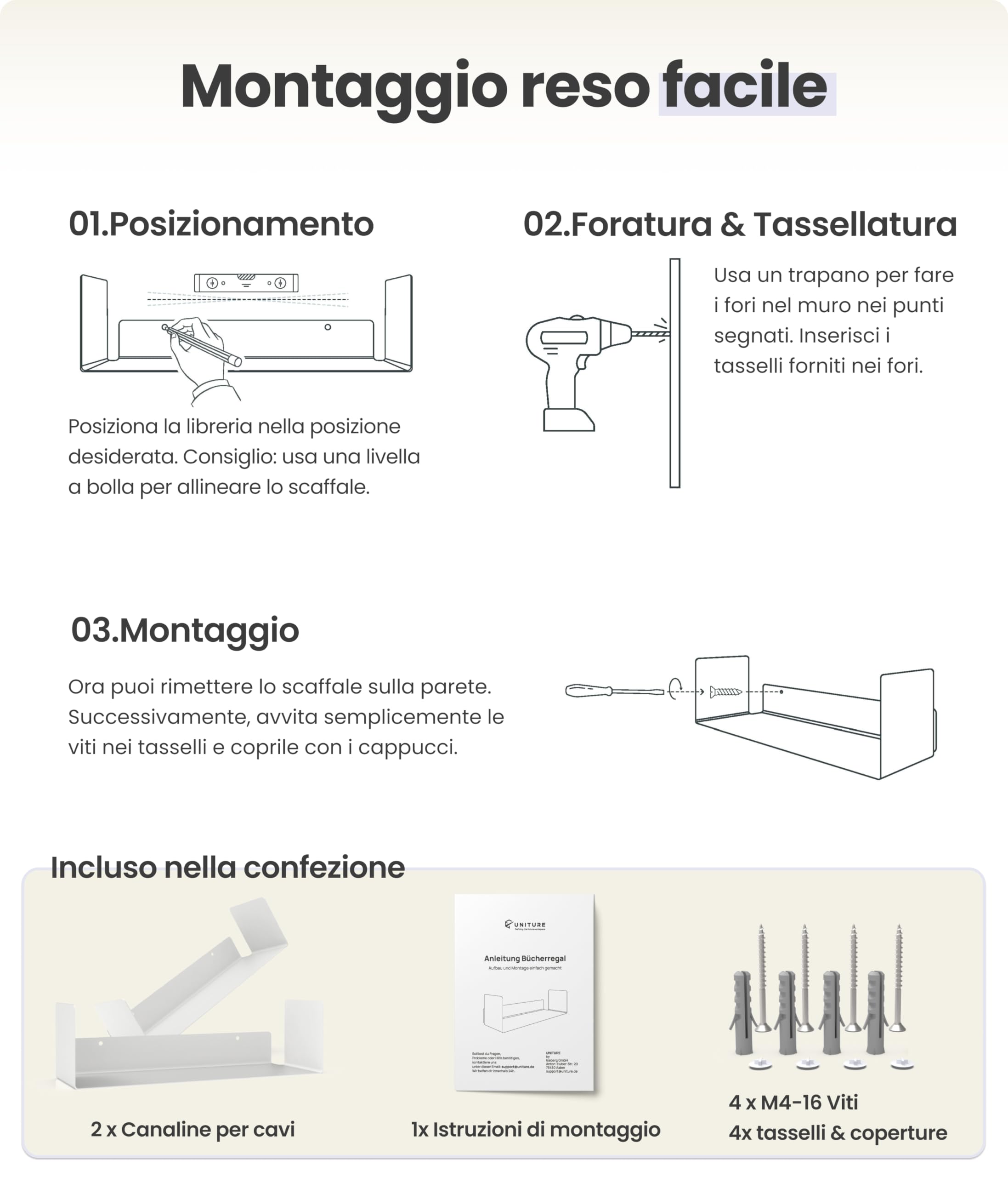 UNITURE® - Set di 2 mensole da Parete Bianche – Moderno Design da Parete – 2 x 40 cm libreria sospesa, Listello Bianco – Mensola Bianca – Mensola da Parete Bianca