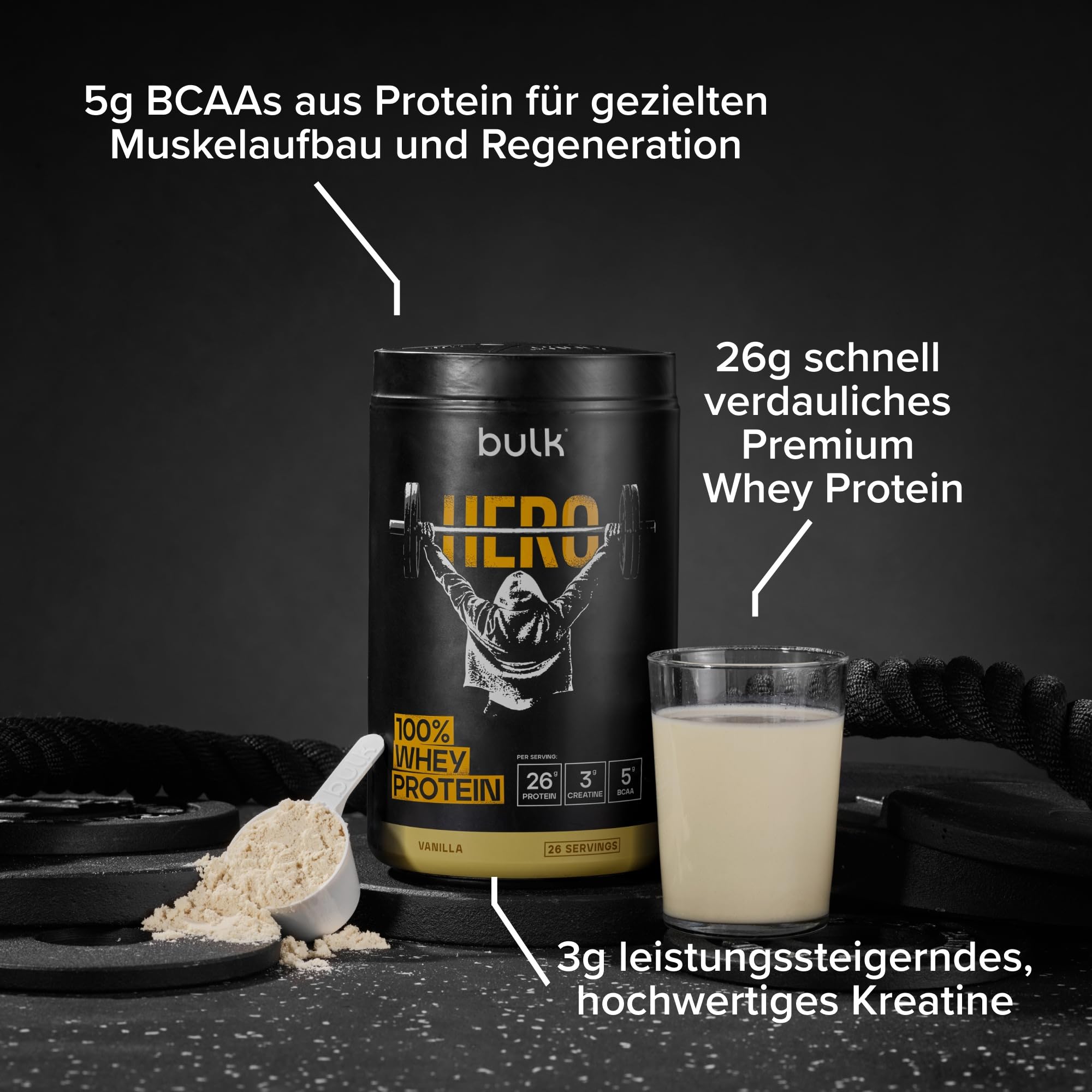 Bulk Hero Whey Protein Powder | Vanilla | 65 Servings | 26g Protein + 3g Creatine | 5g BCAAs | Low Sugar | Fast Absorption | Isolate, Hydrolysed & Concentrate Blend