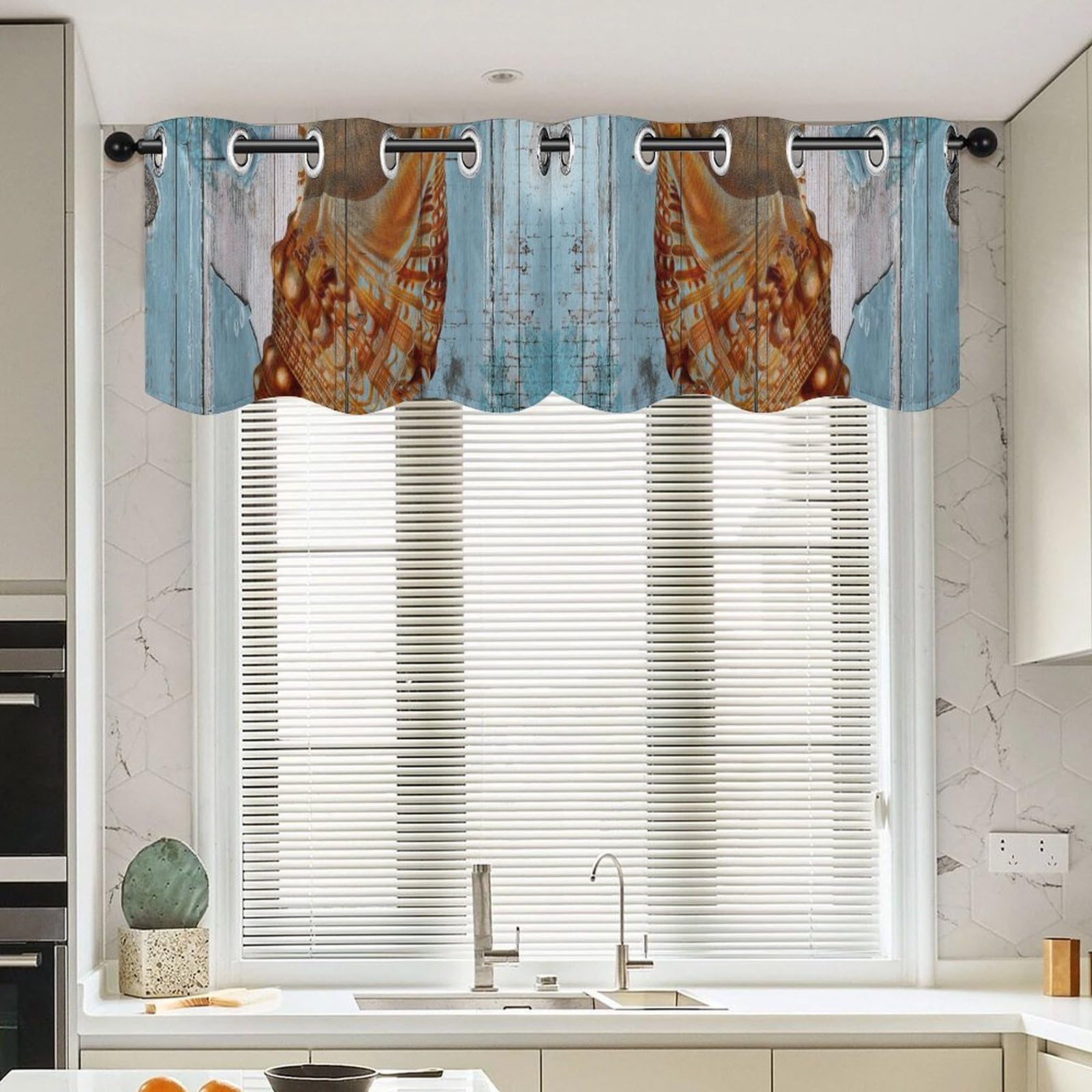 Cantonnière à 2 panneaux sur le thème de la plage rideau court marine 132x45