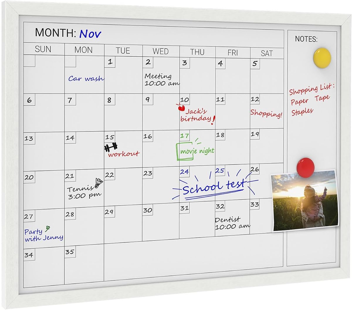 Pizarra blanca con calendario mensual magnético Comix, 24 x 18 pulgadas, madera blanca | Pizarra blanca con calendario mensual magnético, marco de madera blanca moderna, planificador de pared decorativo para el hogar, la cocina, la escuela y la oficina