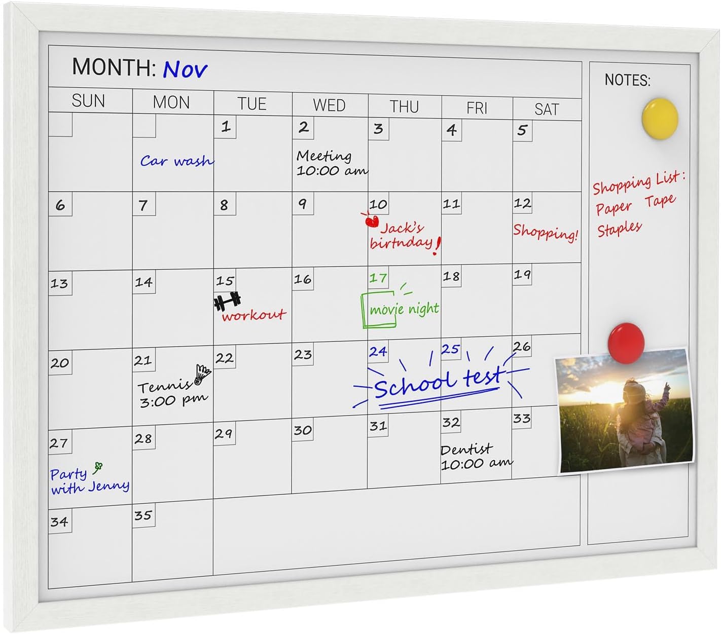 Comix Dry Erase Calendar for Wall, Magnetic Calendar Whiteboard with White Wood Frame, 24 * 18 inches Decorative Planner Board for Office, Kitchen, School, Home