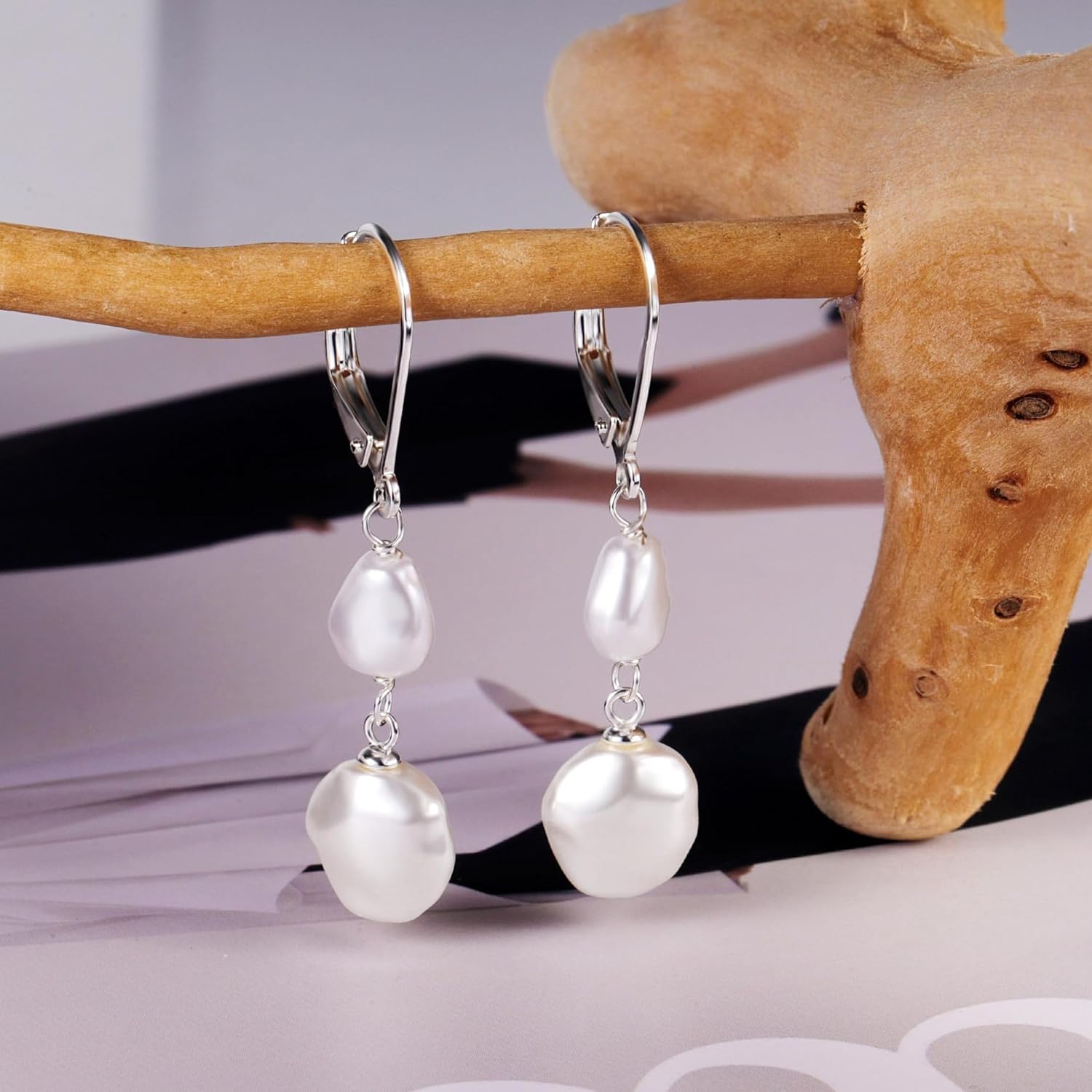 14K Gold Pearl Dangle Earrings for Women,925 Sterling Silver Double Pearl Drop Earrings,Irregular Pearl Hypoallergenic Earrings - Image 5