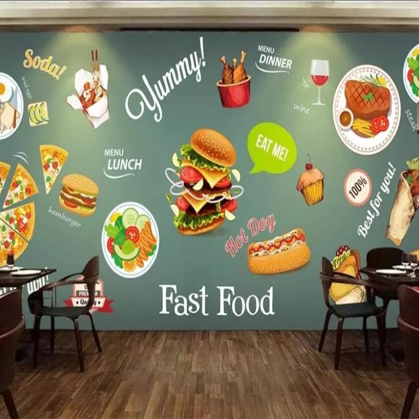 Fond d'écran 3D lavable pour restaurant au design snack peint à la main