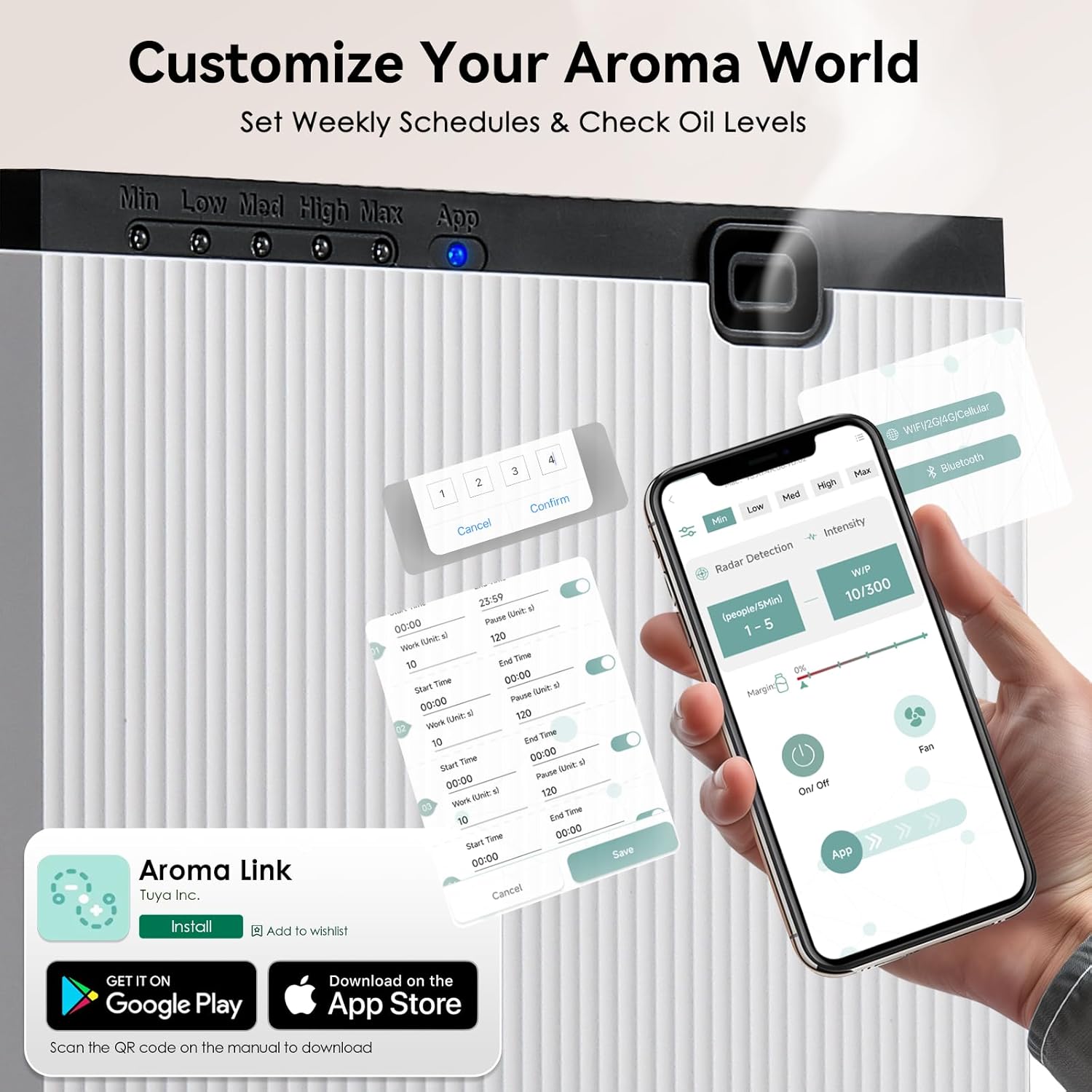 Smartphone screen showing the Aroma Link app interface with options for scheduling, intensity, and radar detection.