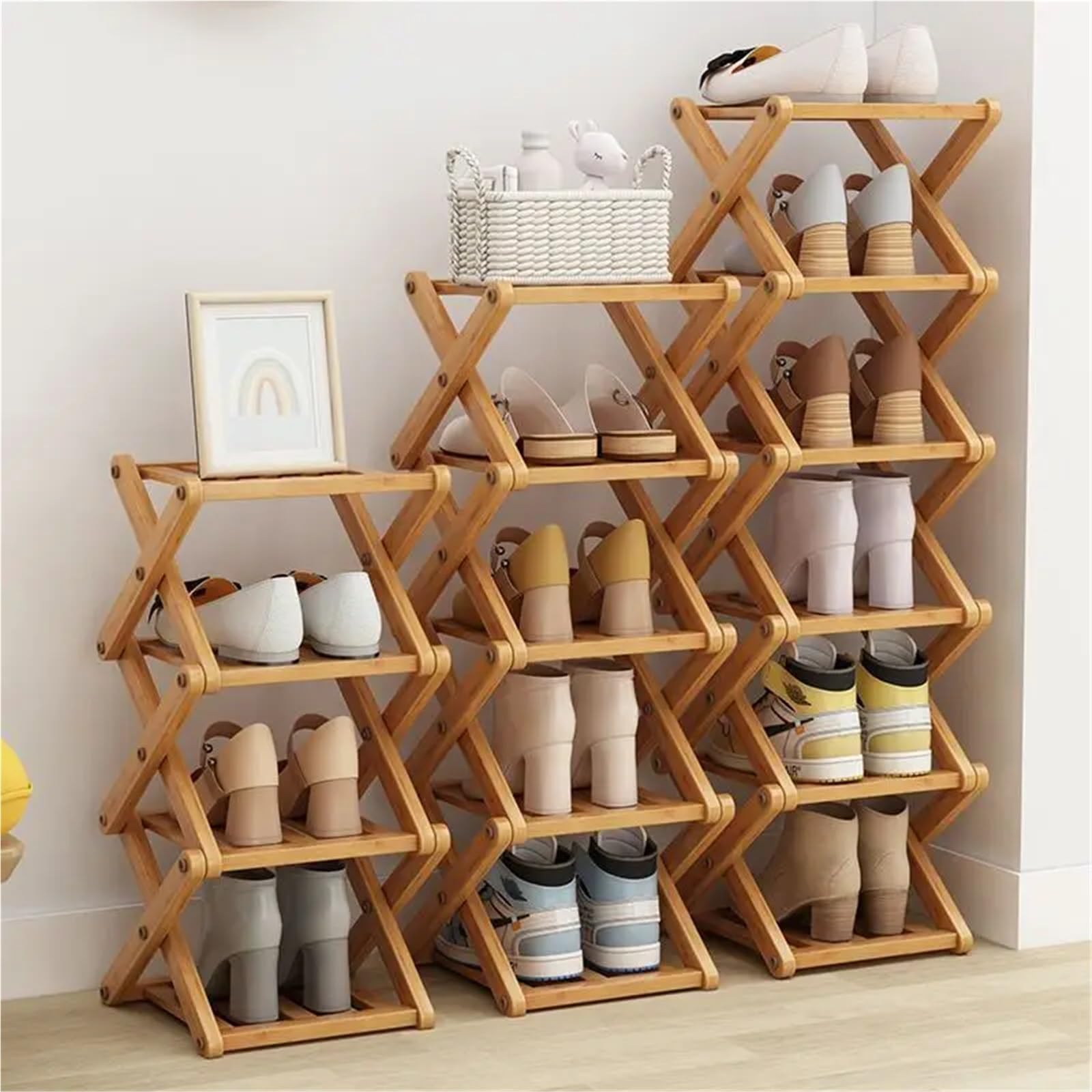 Scarpiera pieghevole in bambù – 5 ripiani multistrato per camera da letto, ingresso casa, design salvaspazio – sistema semplice ed elegante con barre trasversali