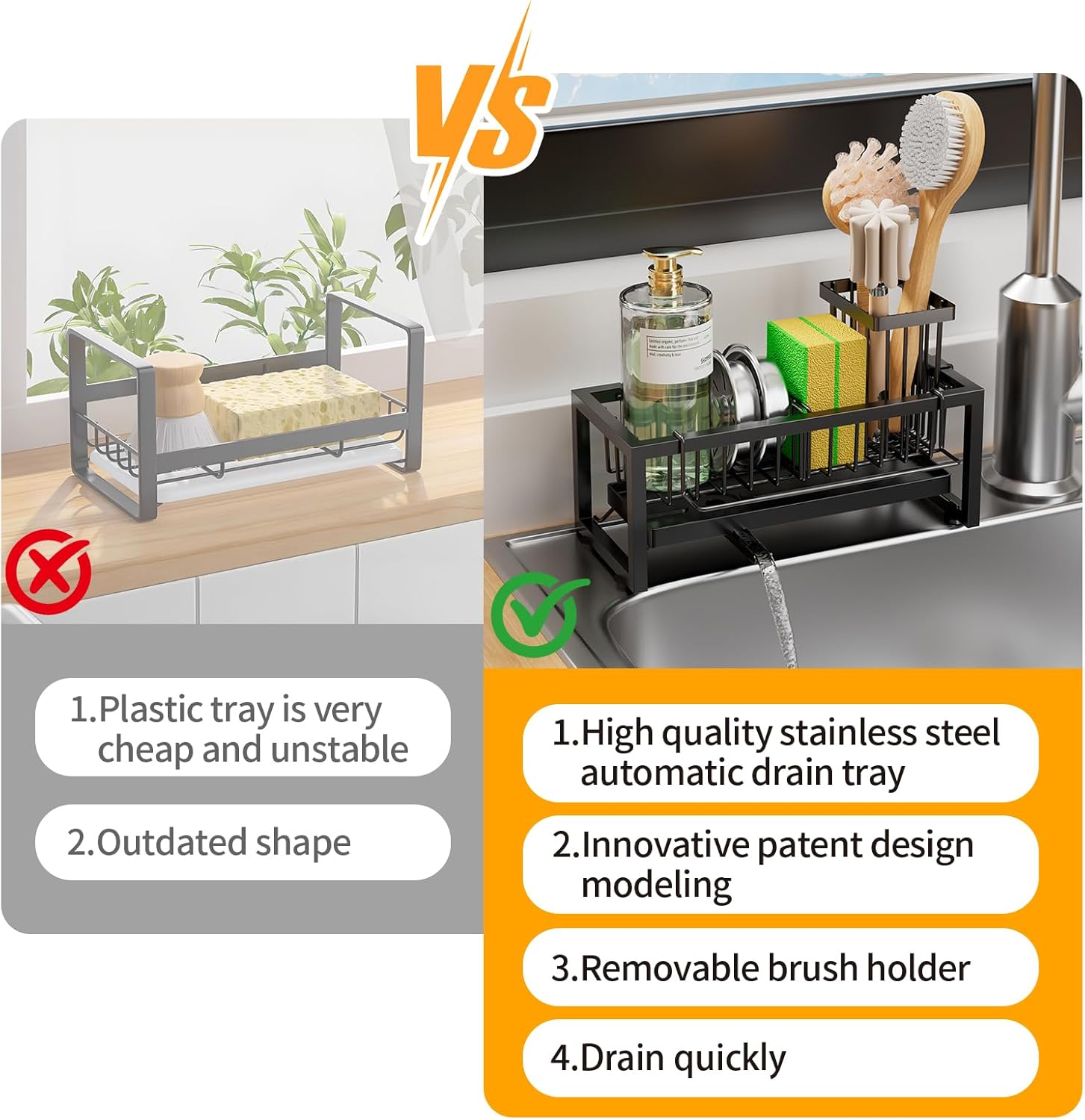Sponge Holder for Kitchen Sink, 304 Stainless Steel Sink Caddy with Tall Brush Holder & Self-Draining Tray, 3-Compartment Countertop Organizer for Dish Soap Dispenser, Sponge, Scrubber, Black