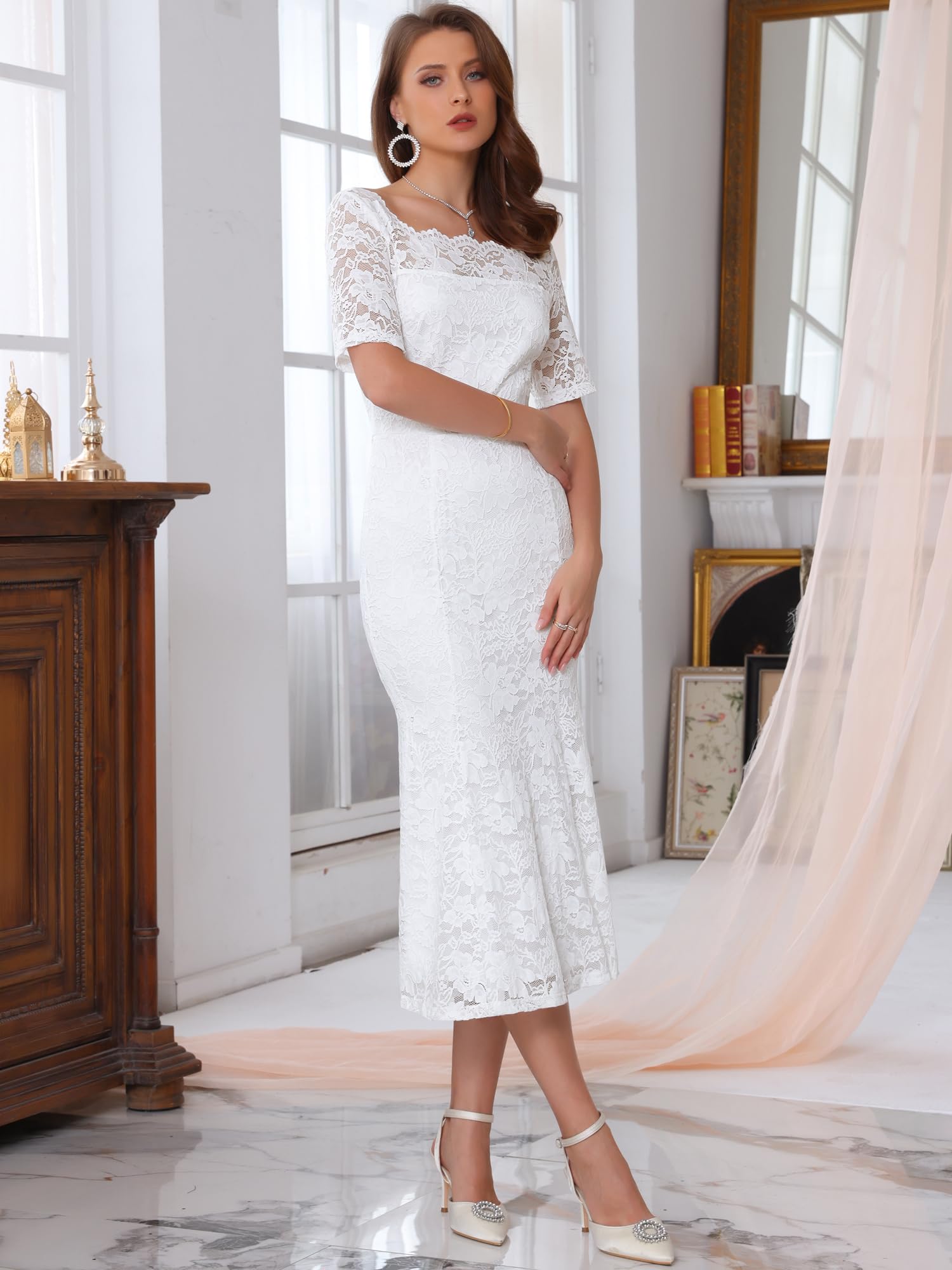 Femme Robe Dentelle Sirène Épaules Nues Soirée Mariage | Coupe Ajustée Ourlet Sirène Parfait pour Cocktail et Banquet Silhouette Flatteuse