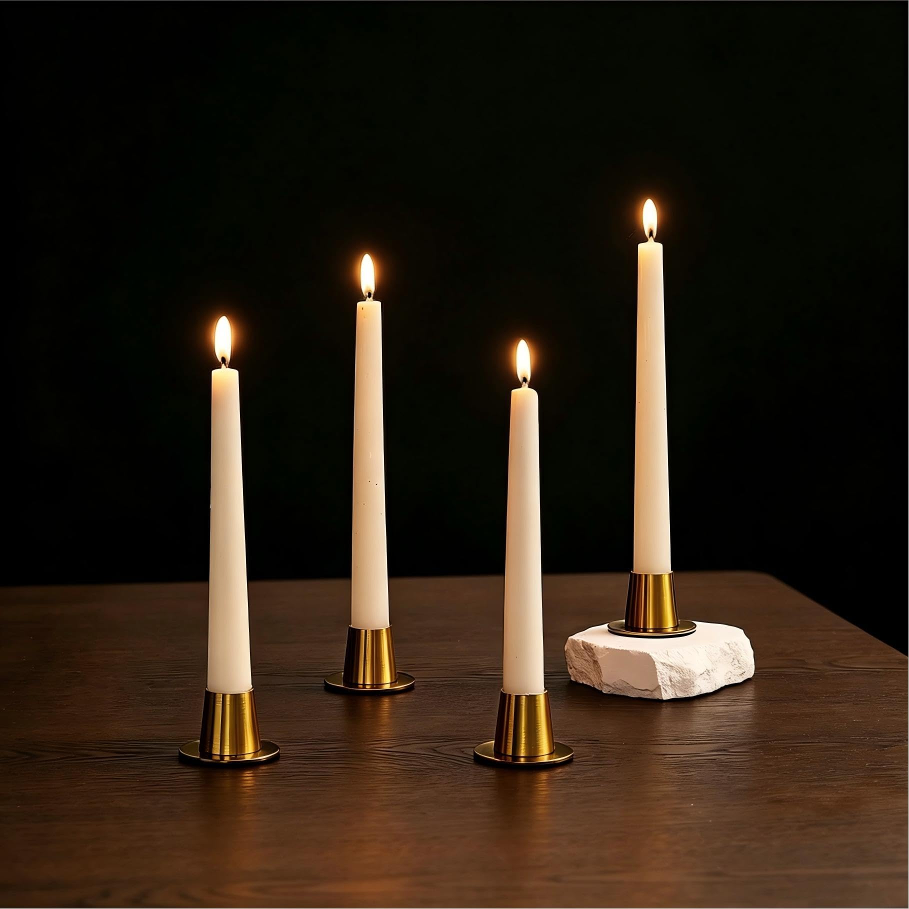 NUPTIO Portacandele a Bastoncino 4 Pezzi - Portacandele Oro per Candele Taper Metallo Portacandele Conico Cena Centrotavola Decorazione Camino Natale Matrimonio Festa