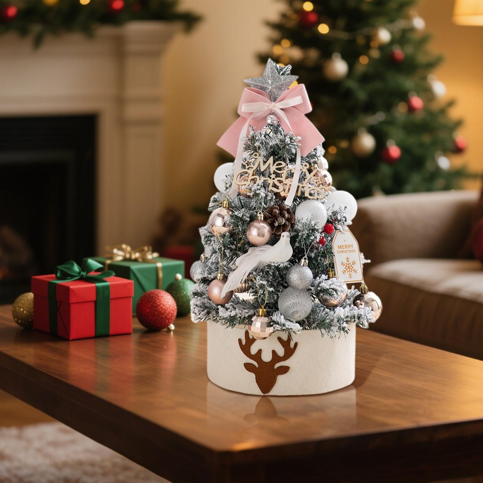Sapin de Noël de Table de 45 cm avec éclairage intégré – | Décorations floquées pour cheminée, fenêtre, porte, décoration d'hiver