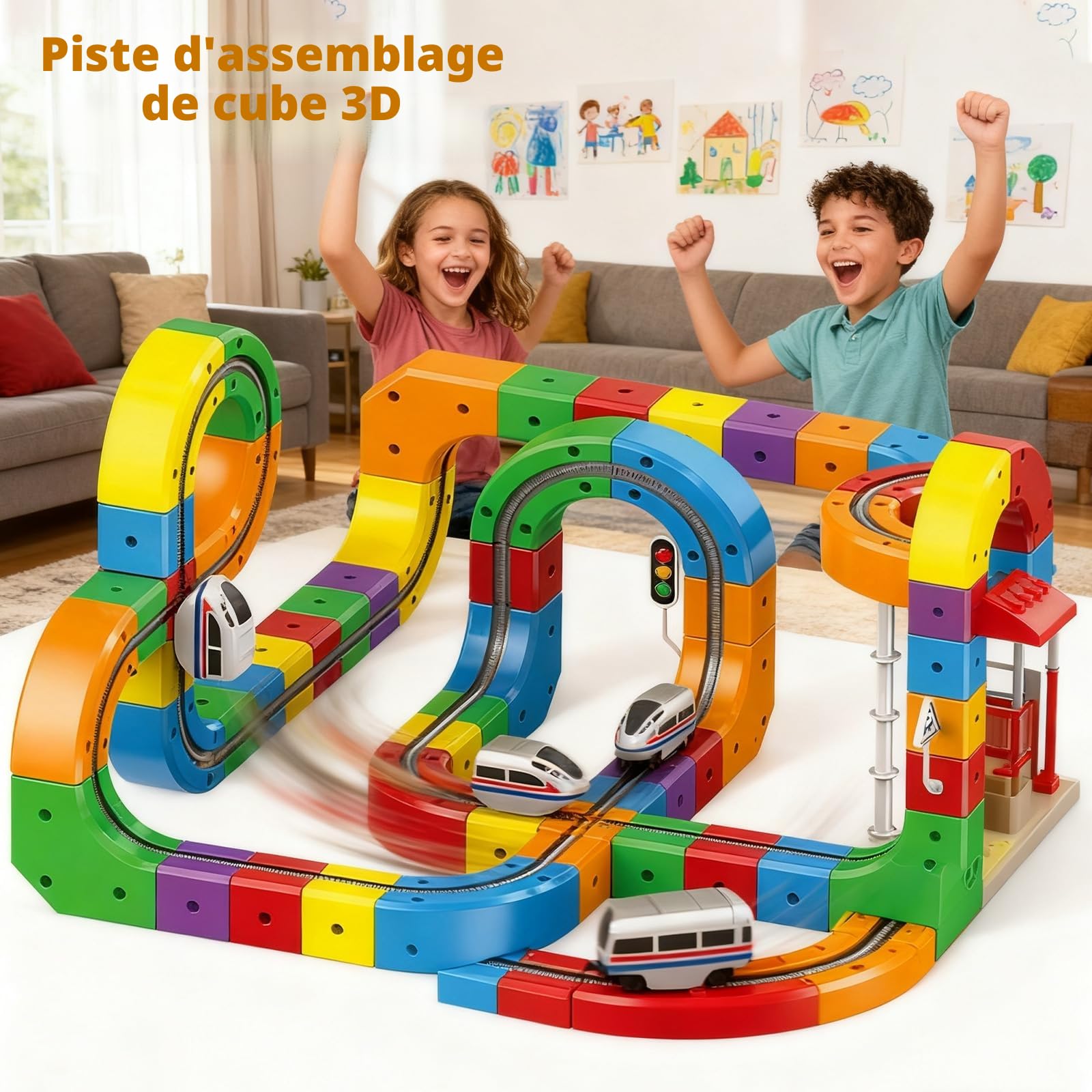 Circuit Train Electrique Clickrail, DIY Cube Track Blocs Rail Cube Klickrail, Cubix 3D Parcours Relief DéFiant Gravité, Blocs Train Magnetique Enfant, Circuit Trains électrique Enfant (123 Pièces)