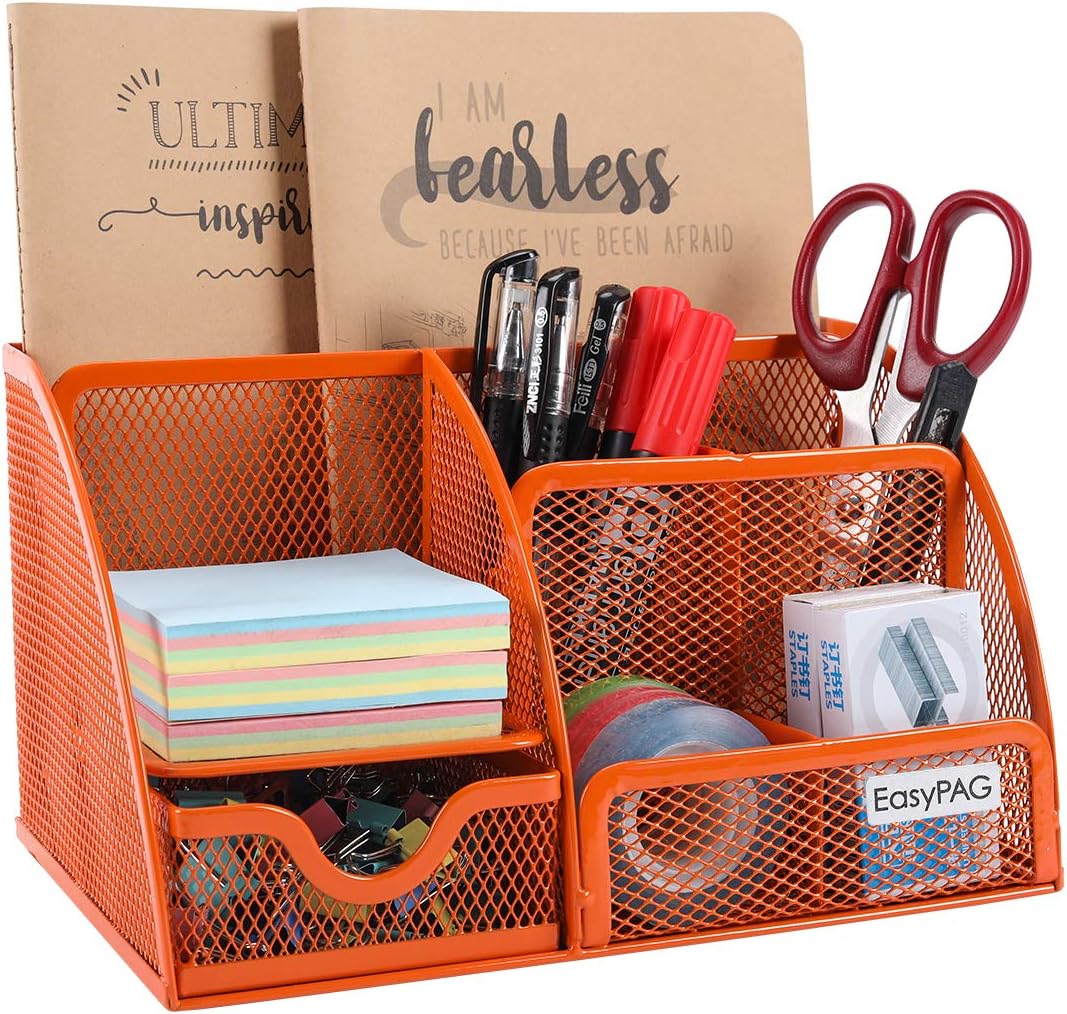 EasyPAG Mesh Desktop Organizer 6 Compartment Office Desk Organizers Supply Caddy with Drawer, Orange : Office Products