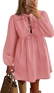 Women's Casual Short Dress 2025 Bow Tie Front Puff Long Sleeve Button A Line Cute Y2K Going Out Dresses Pockets - Buy now