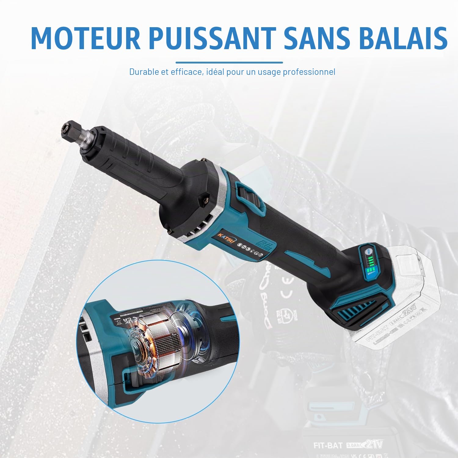 KATSU FIT-BAT 21V Brushless Meuleuse Droite sans Fil, avec Moteur sans Balais, Mandrin de 6mm et 4 Vitesses Variables, sans Batterie ni Chargeur 102319