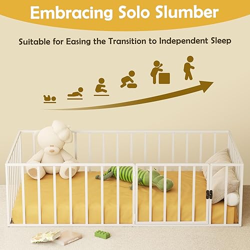 Miniatura 65 de ROOMTEC Montessori - Marco de cama de suelo doble de metal 77 × 41 × 21 con valla y puerta, fácil montaje para dormitorio y sala de juegos