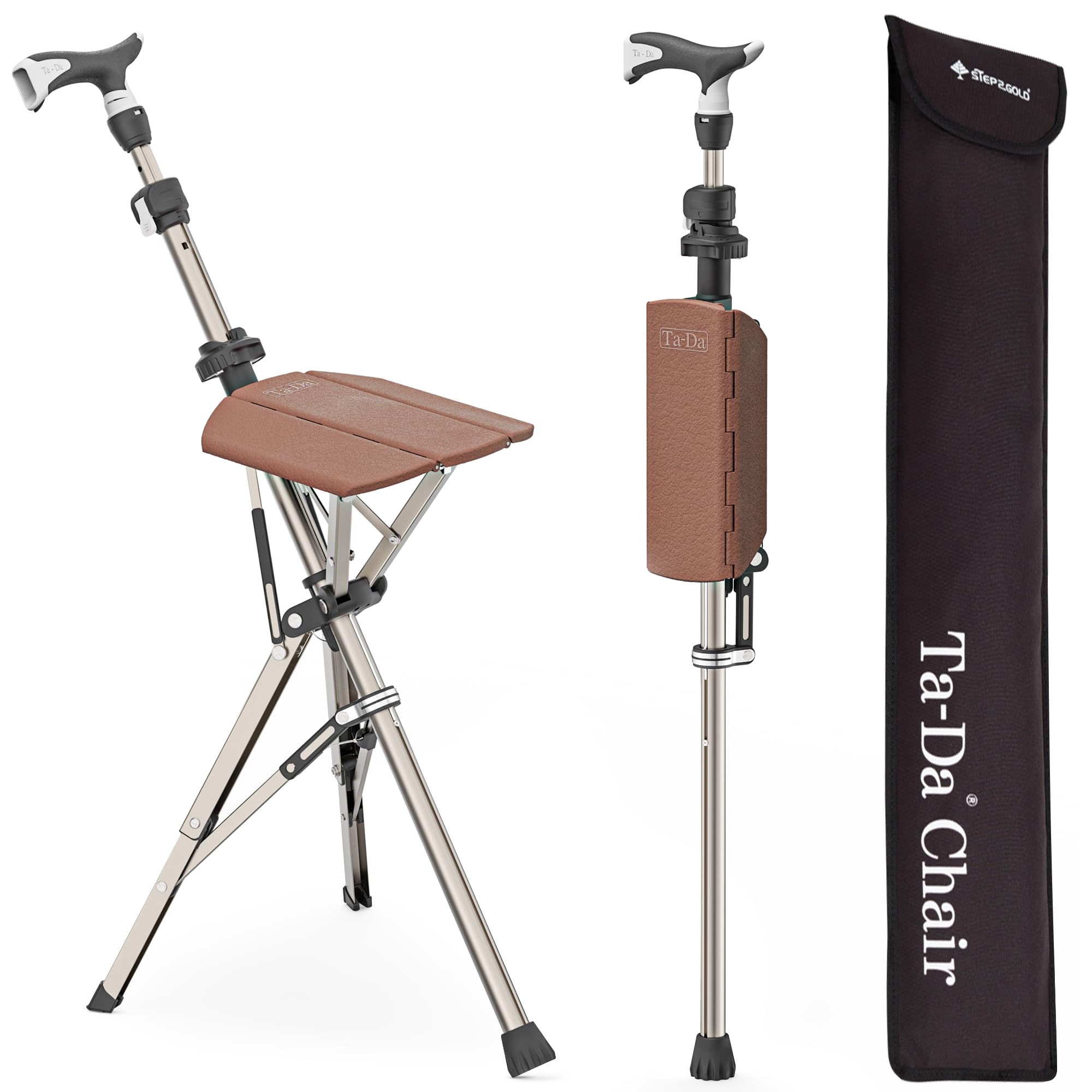 Ta-Da Chair Pro - Canne de Marche avec siège, Cadre en Aluminium Ultra-léger, Tabouret Pliable Robuste (jusqu'à 120 kg), Design Pliable, idéal pour Voyages et visites touristiques - Brun, Ajustable