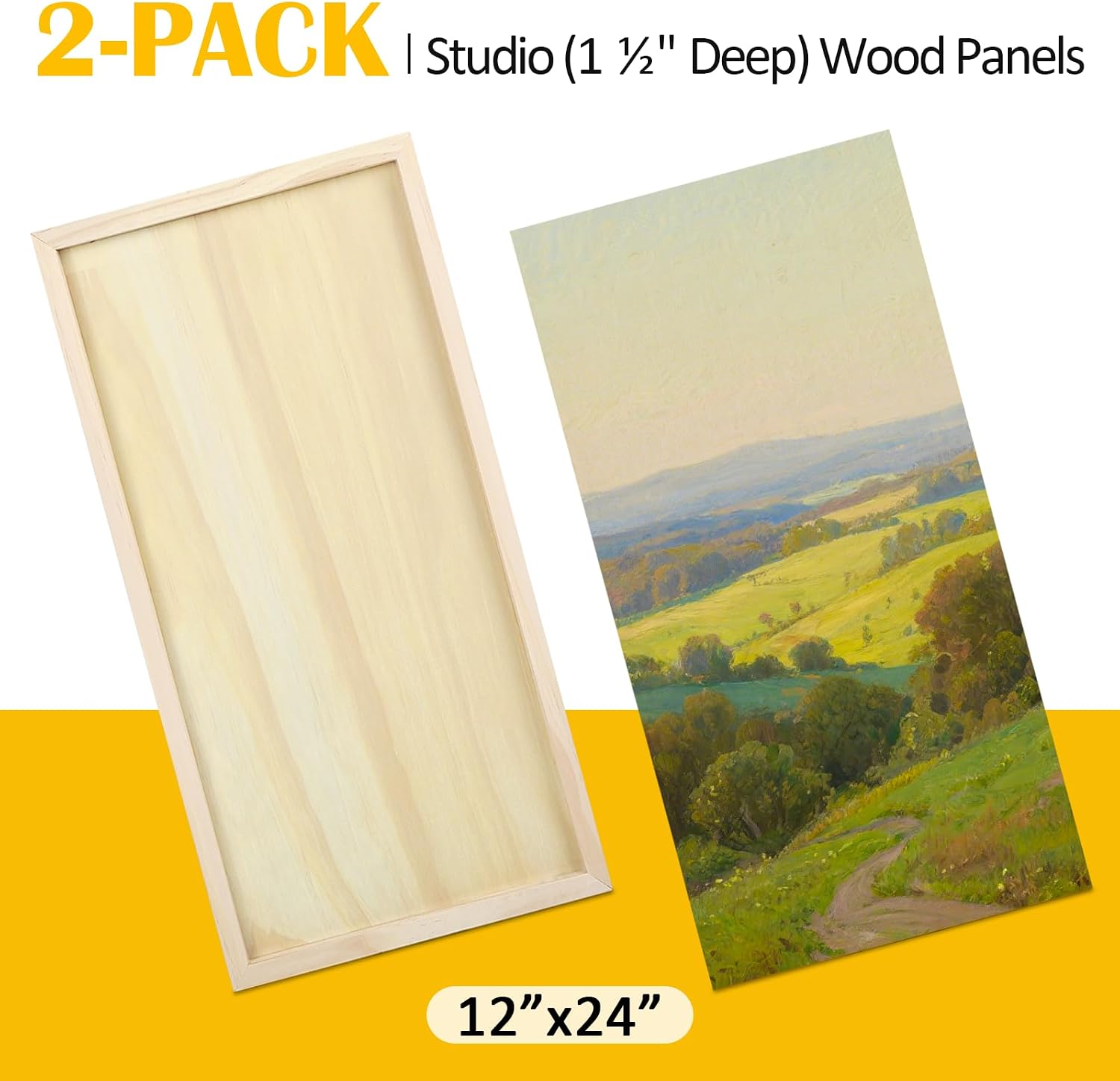 Falling in Art 2 Pack Unfinished Wooden Canvas Panels, 12x24 Gallery Birch Wood Panels Kit, 1 1/2" Deep Art Cradle Boards for Acrylic Painting, Pouring and Burning