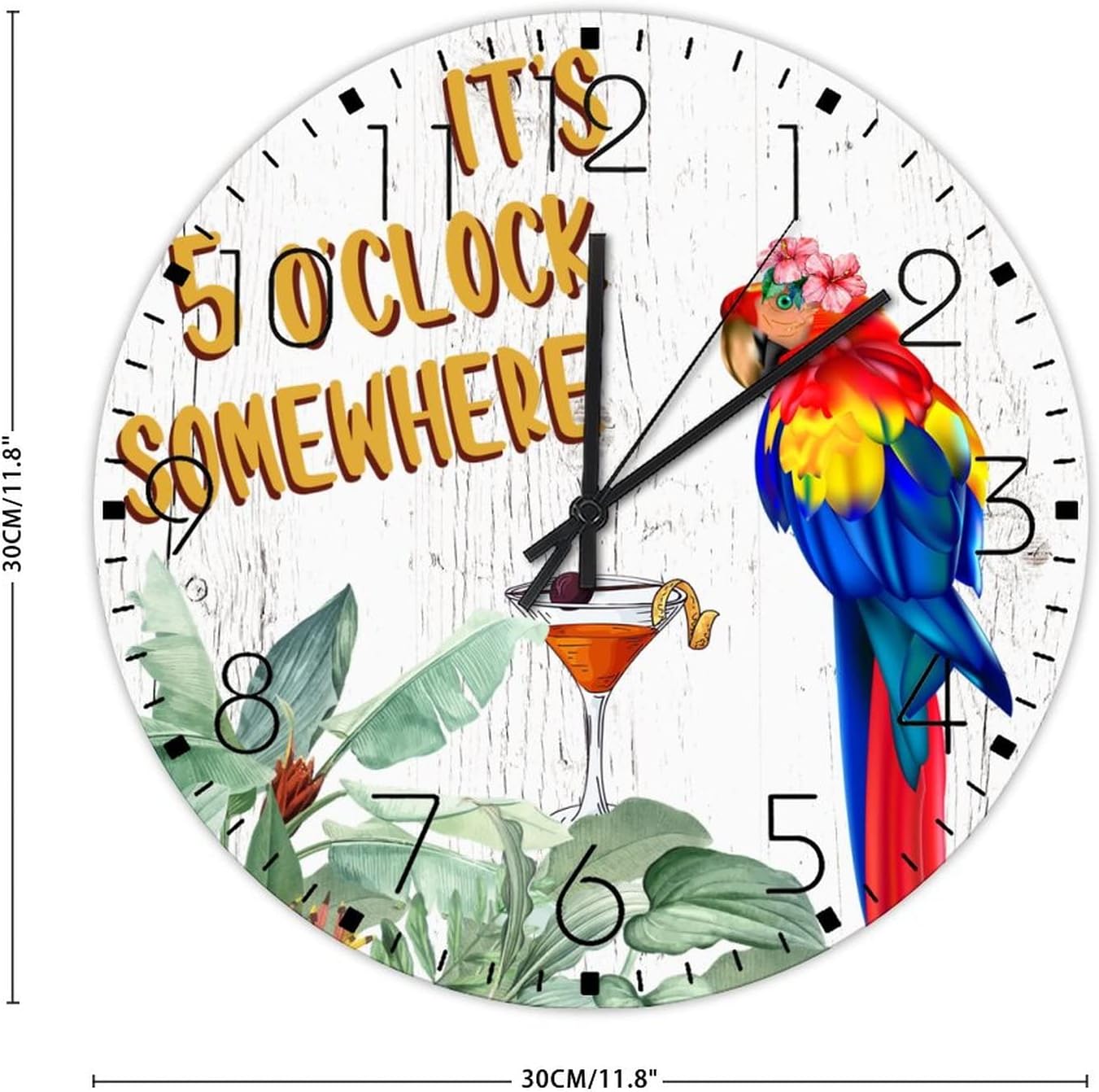 Wood Wall Clock Round Silent Non-Ticking It's Five O'clock Somewhere Custom Wall Clocks Happy Hour Pool Beach Wall Decor for Entryway Home Auto Shop 12 Inch