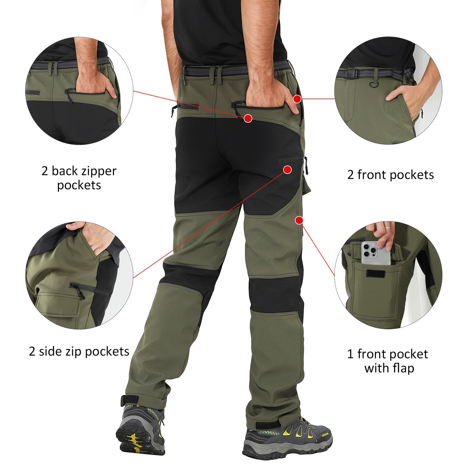 Pantalones de Senderismo para Hombre Softshell Forro Polar Resistentes al Agua Cálidos en Invierno A Prueba de Viento Pantalones para Caminar al Aire Libre