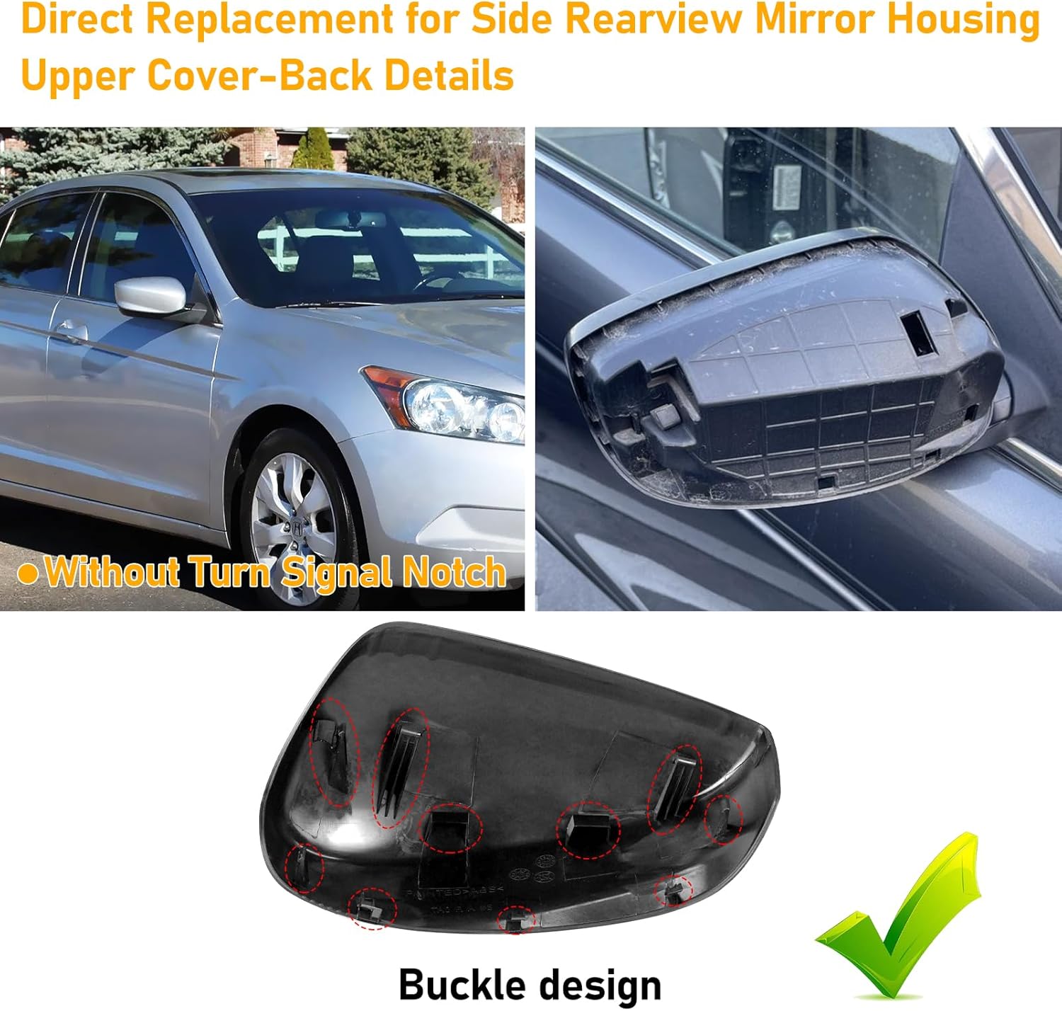 Compatible with Honda Accord Mirror Cover Replacement 2008-2012,8th Gen Accord Sedan Mirror Cap for Right Passenger Side,Clip on,W/O Turn Signal Gap Replace for 76201TVAA31,Silver,1 PCS
