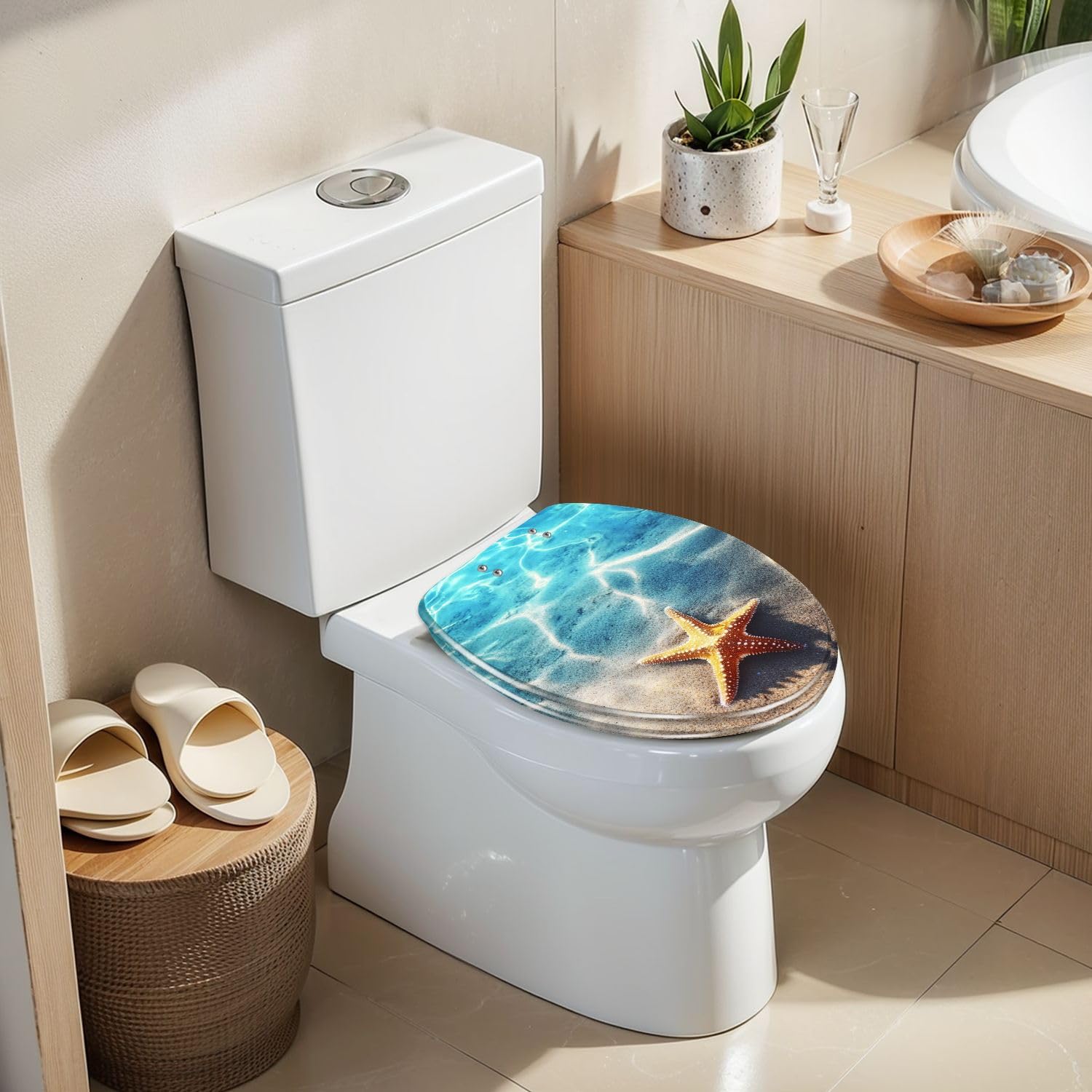 Copriwater Decorativo Allungato con Stelle Marine, Conchiglie, Tema Spiaggia Estiva E Mare, In Resina, con Chiusura Lenta E Silenziosa, Cerniere A Sgancio Rapido, Paracolpi E Facile Da Pulir