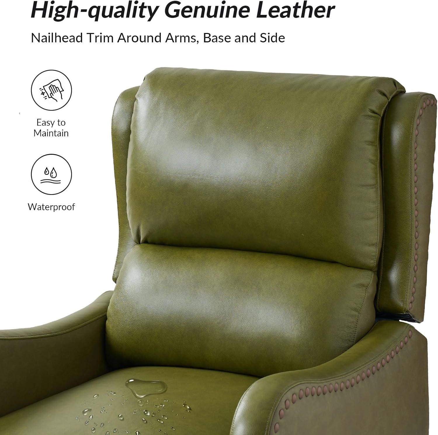 HULALA HOME Genuine Leather Recliner Chair, Modern Push Back Recliner Armchair with Thick Seat, Backrest & Footrest, Nailhead Decor for Living Room, Bedroom, Olive