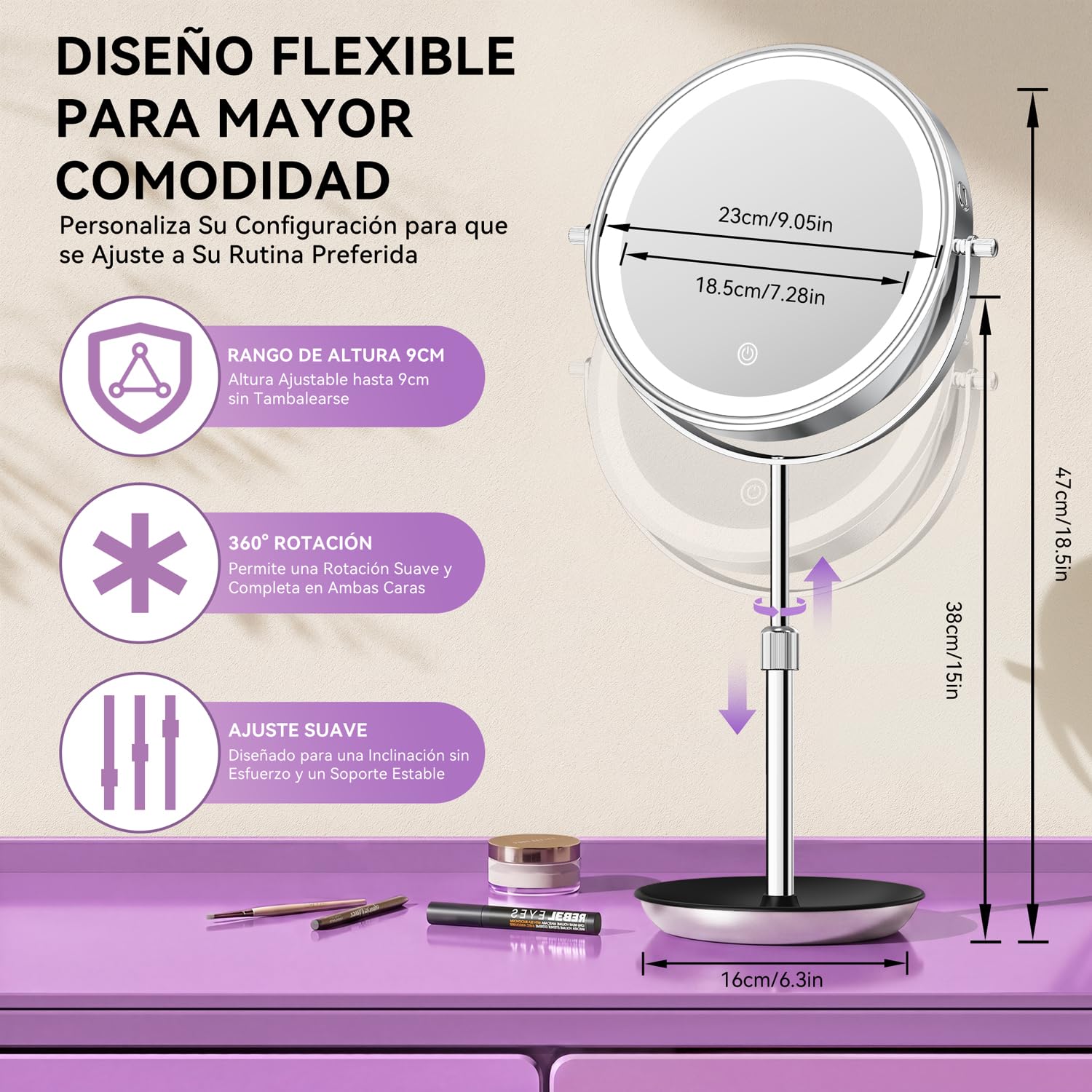 Auxmir Espejo Maquillaje con Luz, 30X/1X Aumento Espejo Telescópico Altura Ajustable 3000mAh Recargable USB, 3 Colores de Luz 60 Leds Brillo Regulable 360 Giratorio, Plata
