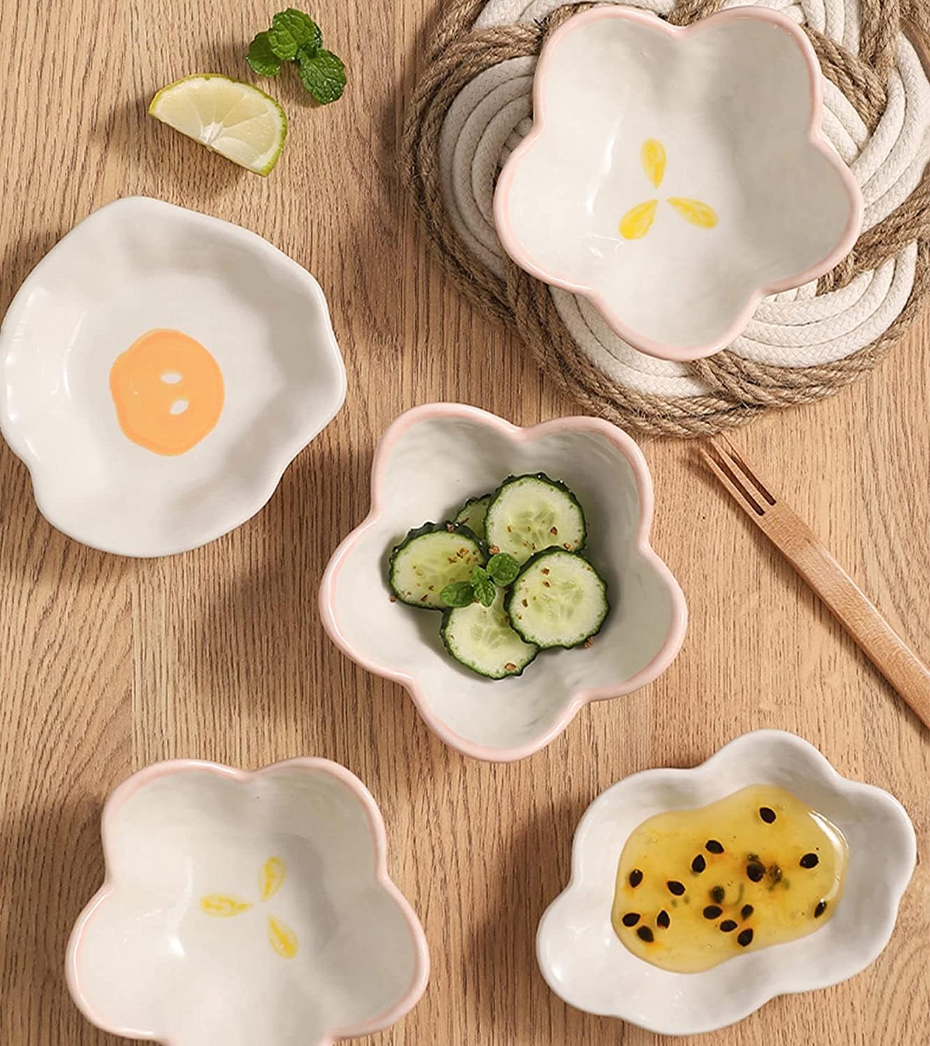 Essteller, Pastaschüssel, Suppenteller, Suppenteller, Essteller, Suppenbecher, Sojasaucen-Geschirrset, Keramik-Dip-Schalen, Saucenschalen, Tapas-Schalen, Dessert-Geschirrset mit Blumenmuster, Snack-Ei