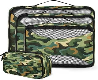 Tiveruda Packing Cubes for Travel Accessories with Double Zipper and Mesh Top 4 Piece Waterproof Abstract Green Camo Suitcase Luggage Organizer Bags for Clothes Shoes Cosmetics