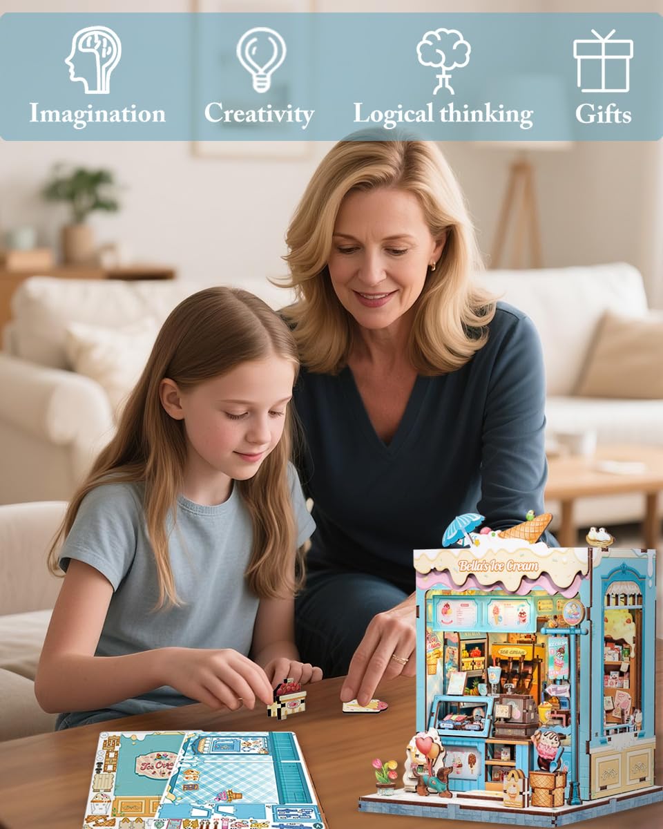 Cutefun Book Nook – mini domki i miniaturowe elementy puzzli z reliefami z trójwymiarowych elementów puzzli, jako prezent dla miłośników puzzli (Bella's Ice Cream)