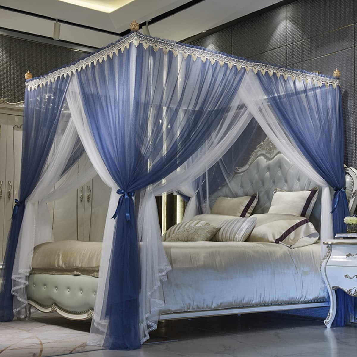 Mosquitera de cama cuatro esquinas azul claro en tamaño 200x para dormitorio elegante