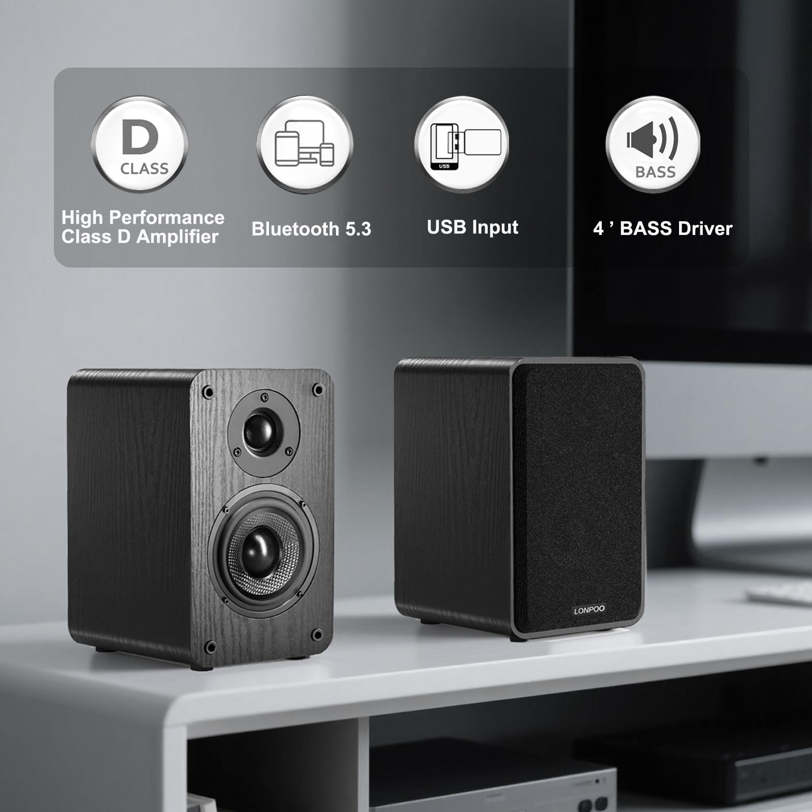 LONPOO Aktiv Regal-Lautsprecher Paar,100W RMS Aktivlautsprecher mit 4-Zoll Kohlefaser-Tieftöner, Bluetooth 5.3, HDMI ARC, Optisch, Koaxial, USB, AUX-IN, Fernbedienung (LP42X-Schwarz)